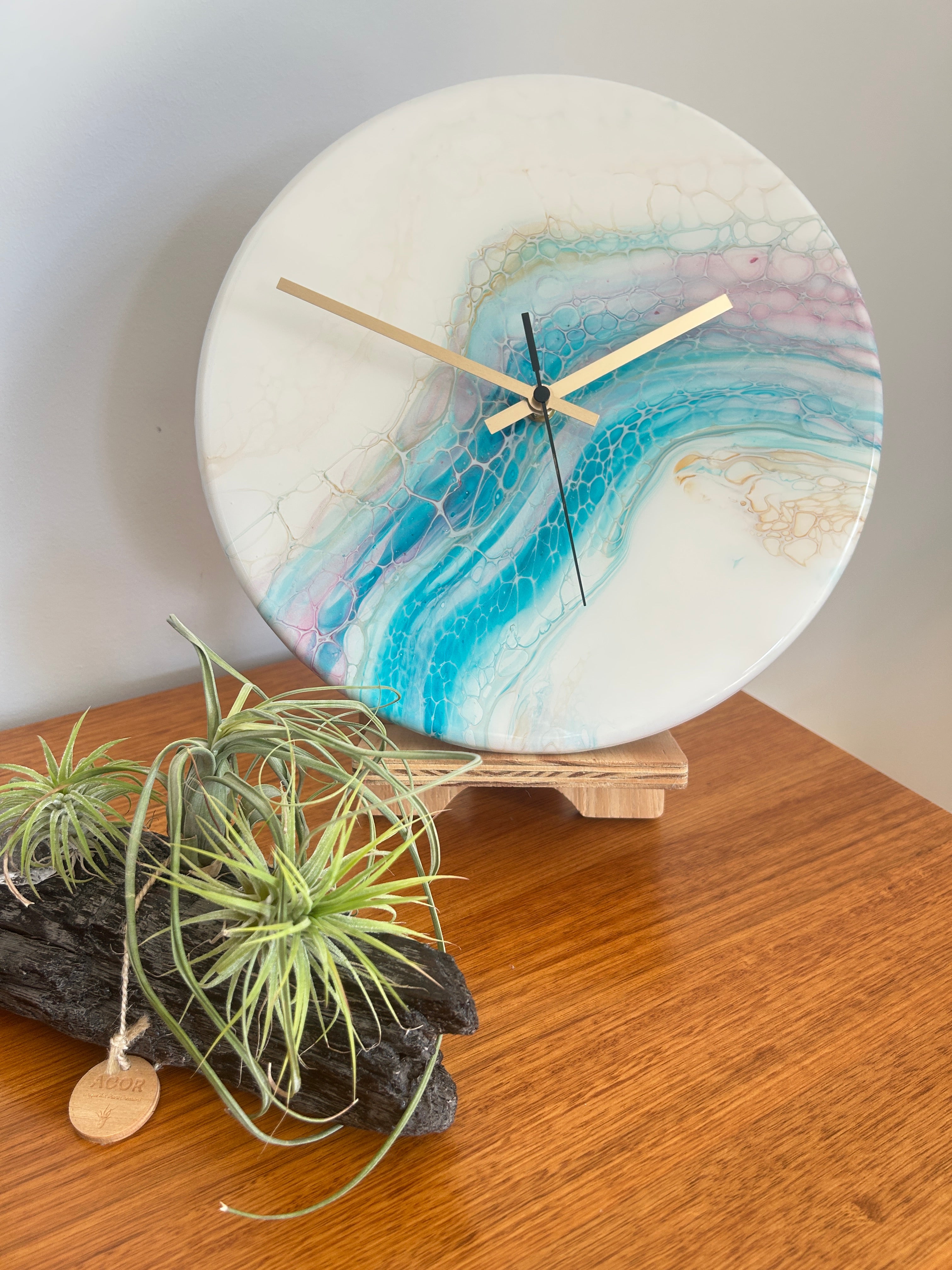 Timber Clock | 30cm Fluid Art/Resin | White-Teal-Gold