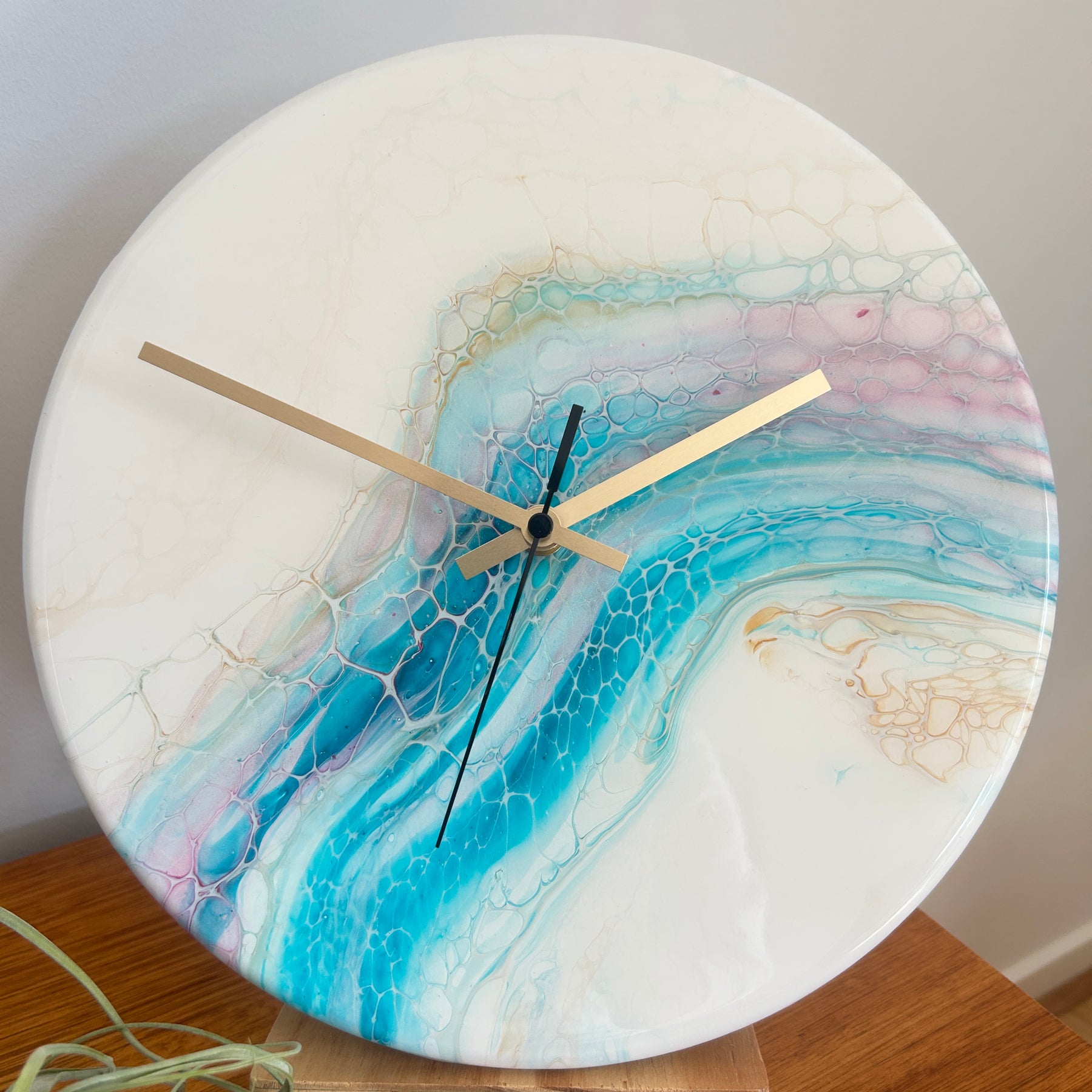 Timber Clock | 30cm Fluid Art/Resin | White-Teal-Gold