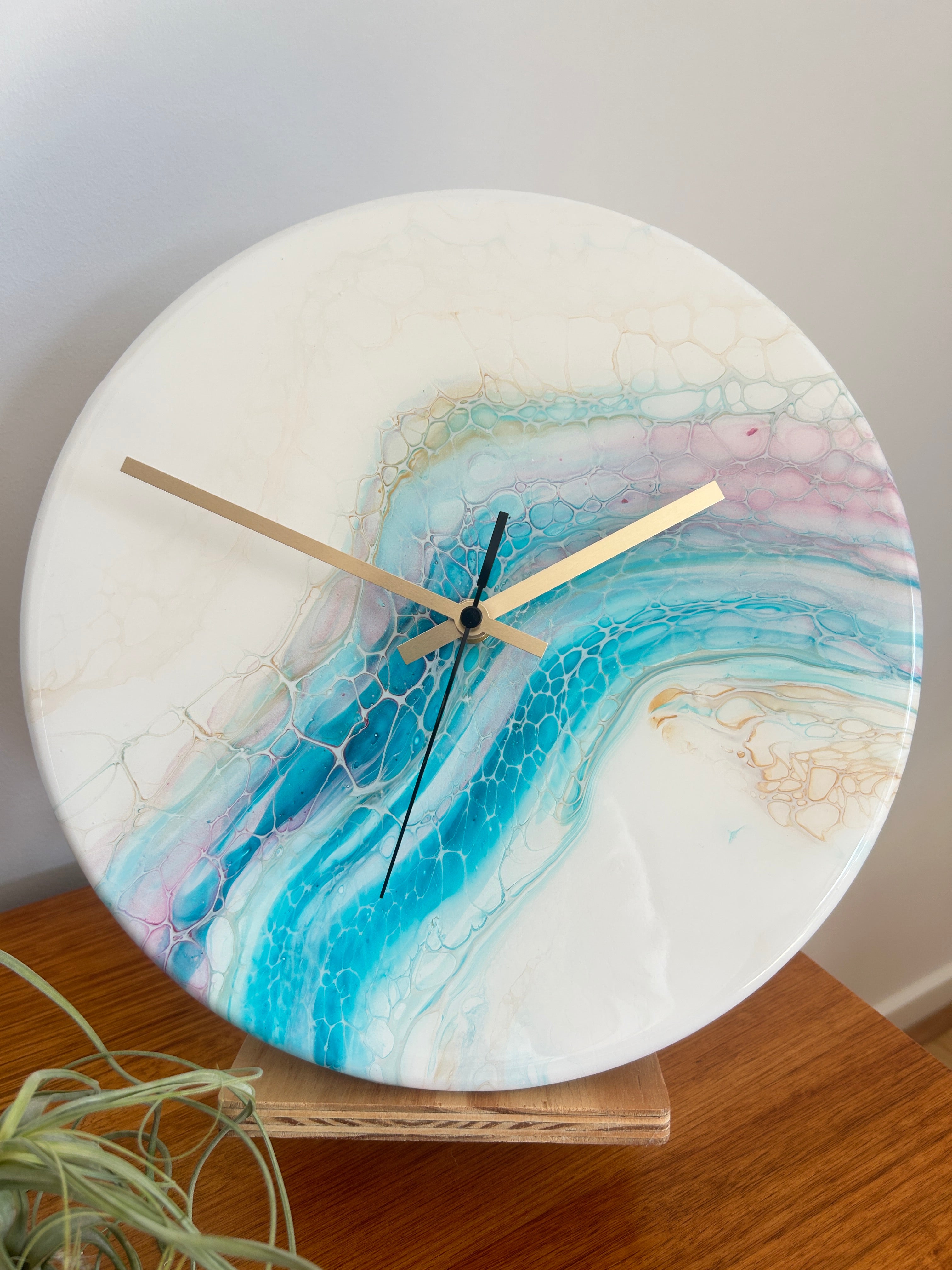 Timber Clock | 30cm Fluid Art/Resin | White-Teal-Gold