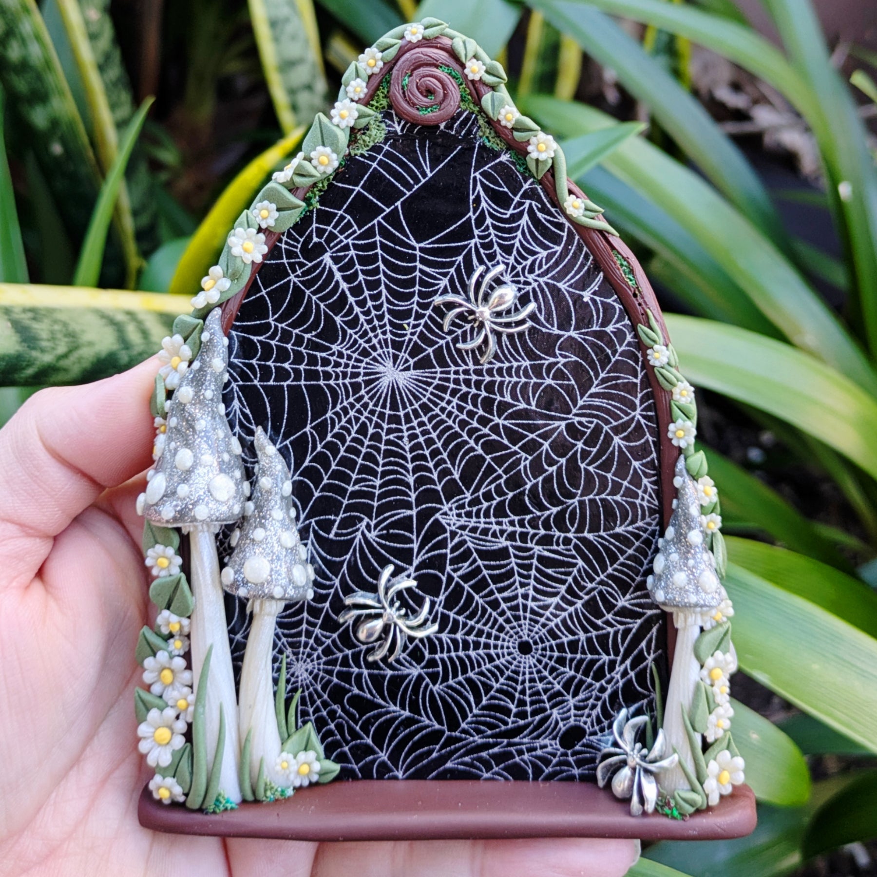 Spiderweb Forest Fairy door with glow in the dark mushrooms