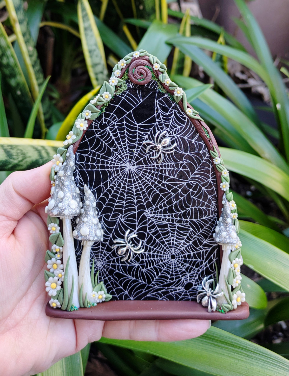 Spiderweb Forest Fairy door with glow in the dark mushrooms
