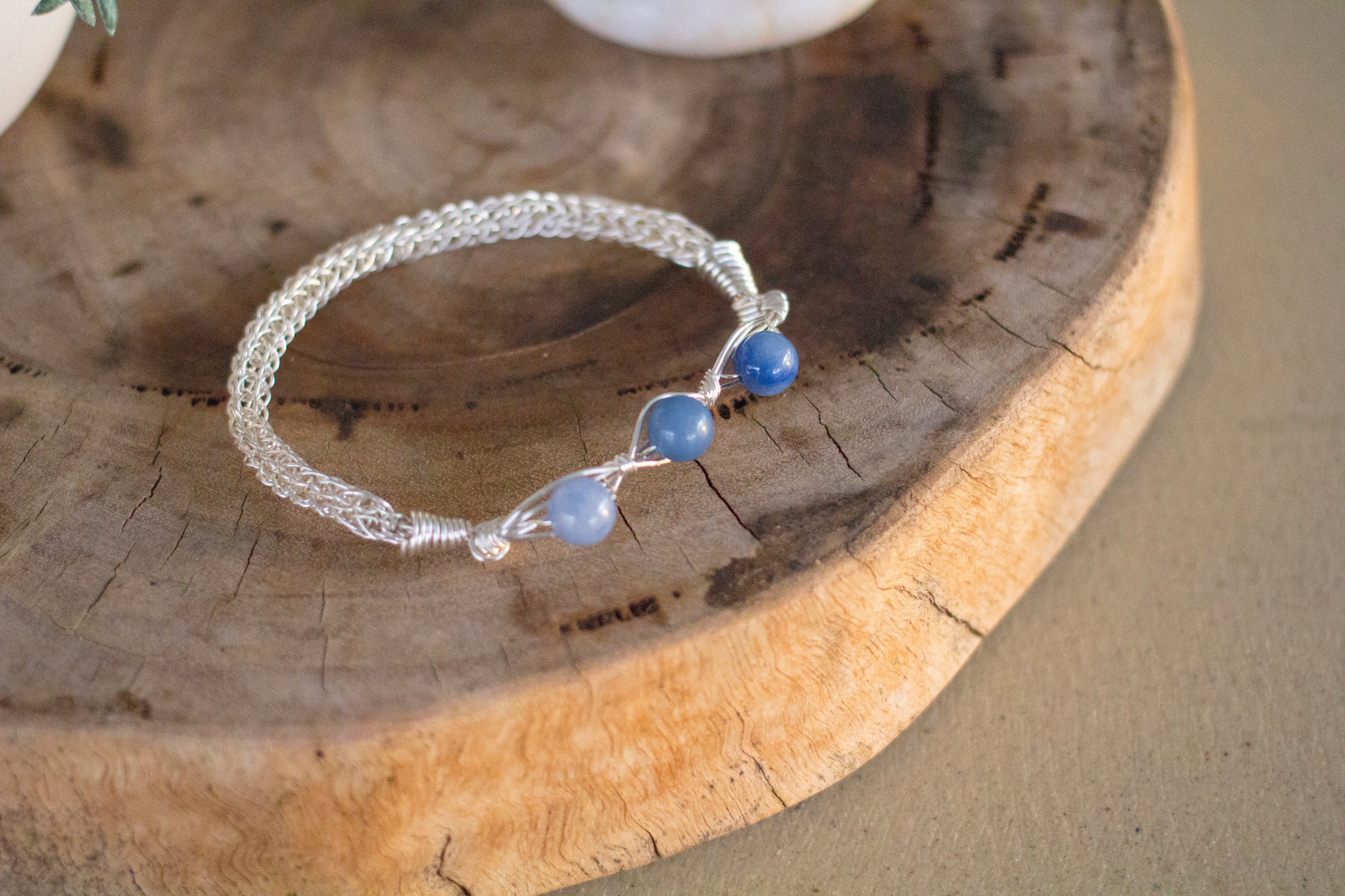 Blue Aventurine Silver Wire Knitted Bangle Bracelet