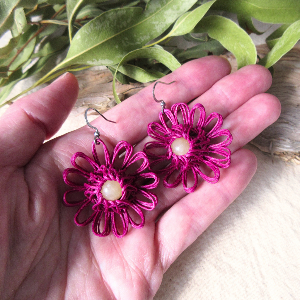 Meadow Bloom | Magenta Handmade Flower Earrings with Choice of Gemstone | Woven Bloom Tales Collection