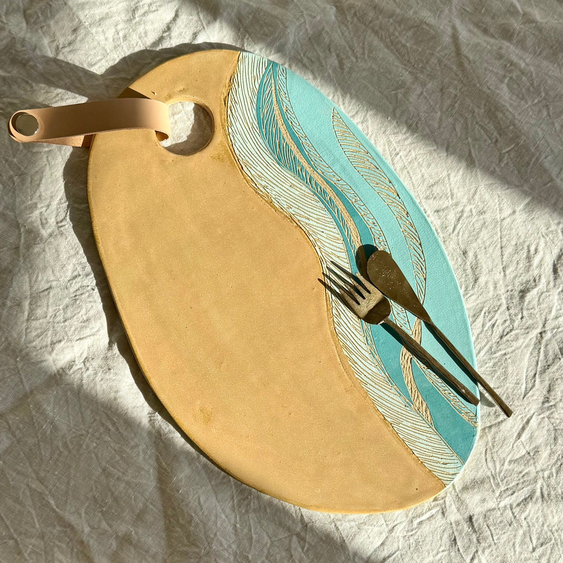 Handmade Ceramic Charcuterie Board + Leather Snap |  Tides | Coastal Pottery