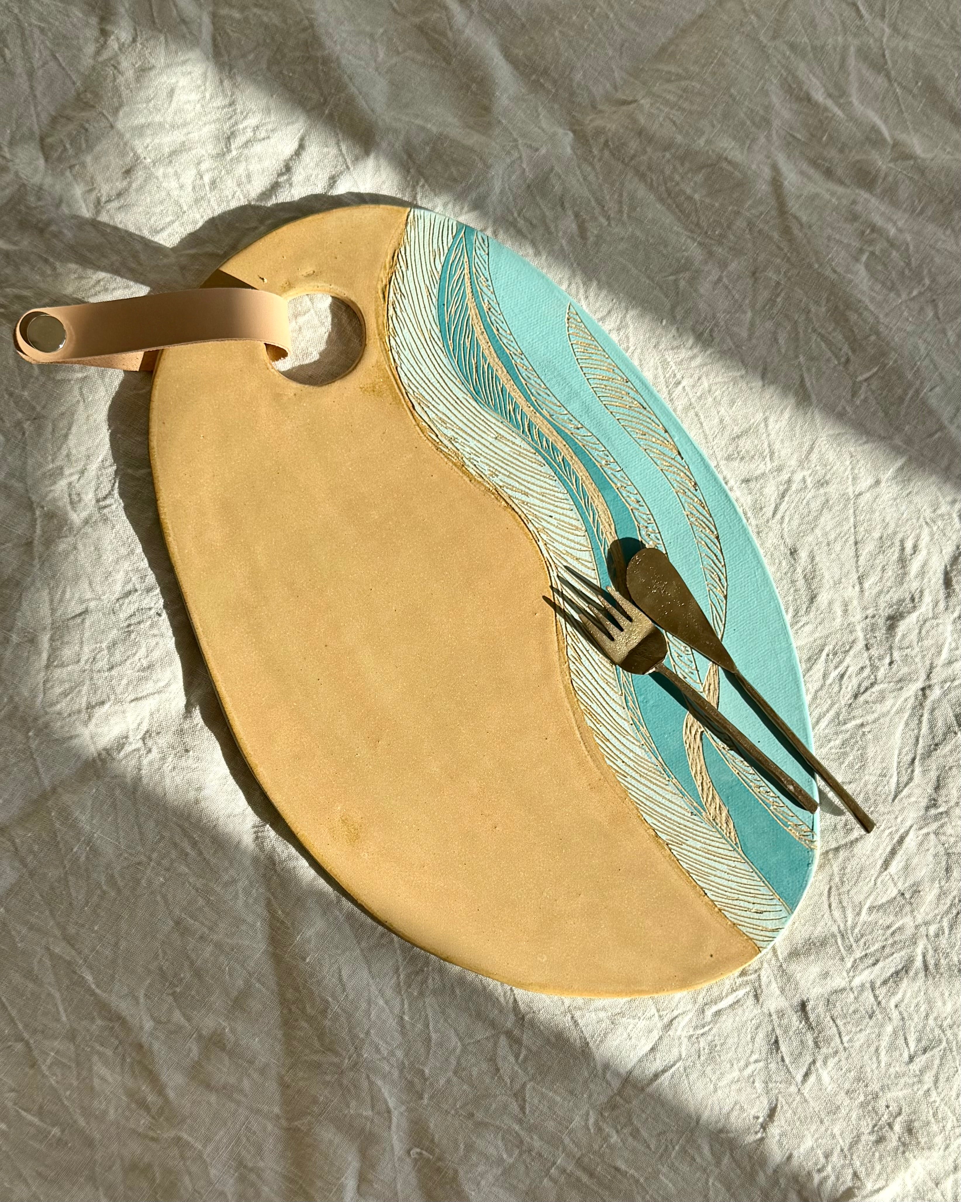 Handmade Ceramic Charcuterie Board + Leather Snap |  Tides | Coastal Pottery
