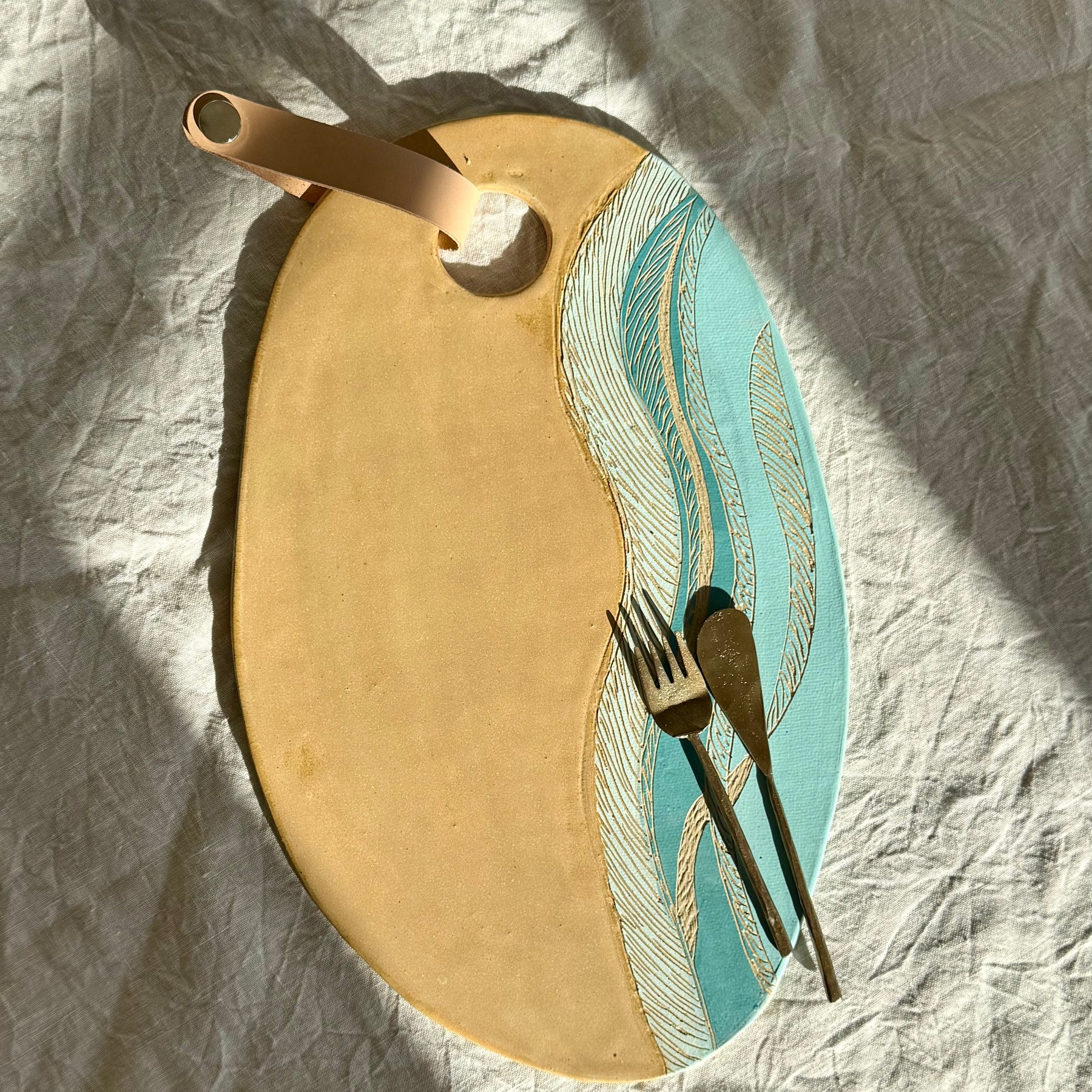 Handmade Ceramic Charcuterie Board + Leather Snap |  Tides | Coastal Pottery