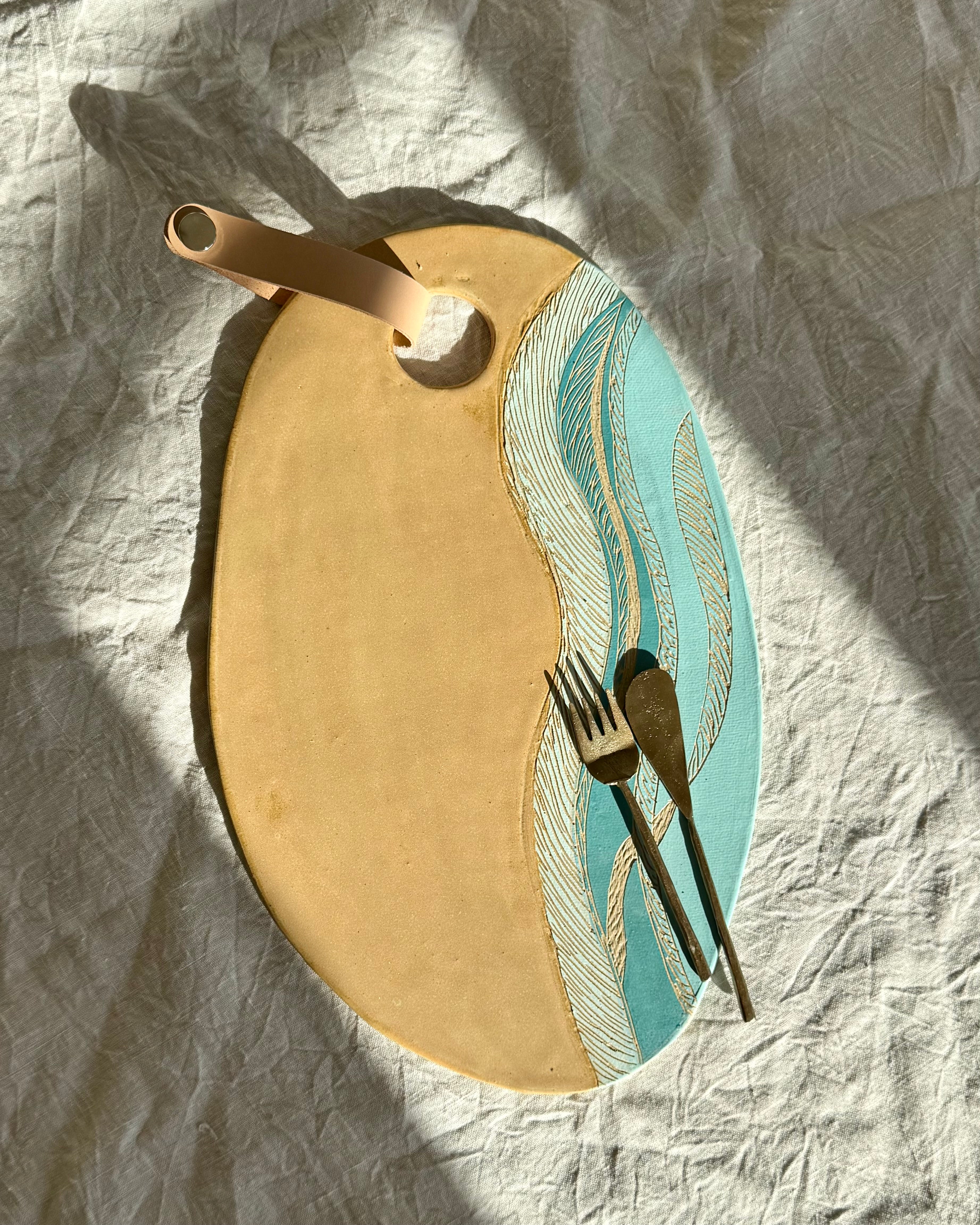 Handmade Ceramic Charcuterie Board + Leather Snap |  Tides | Coastal Pottery