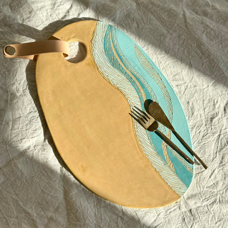 Handmade Ceramic Charcuterie Board + Leather Snap |  Tides | Coastal Pottery