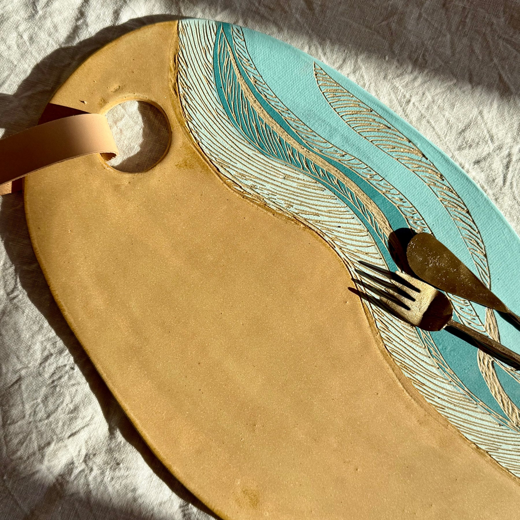 Handmade Ceramic Charcuterie Board + Leather Snap |  Tides | Coastal Pottery