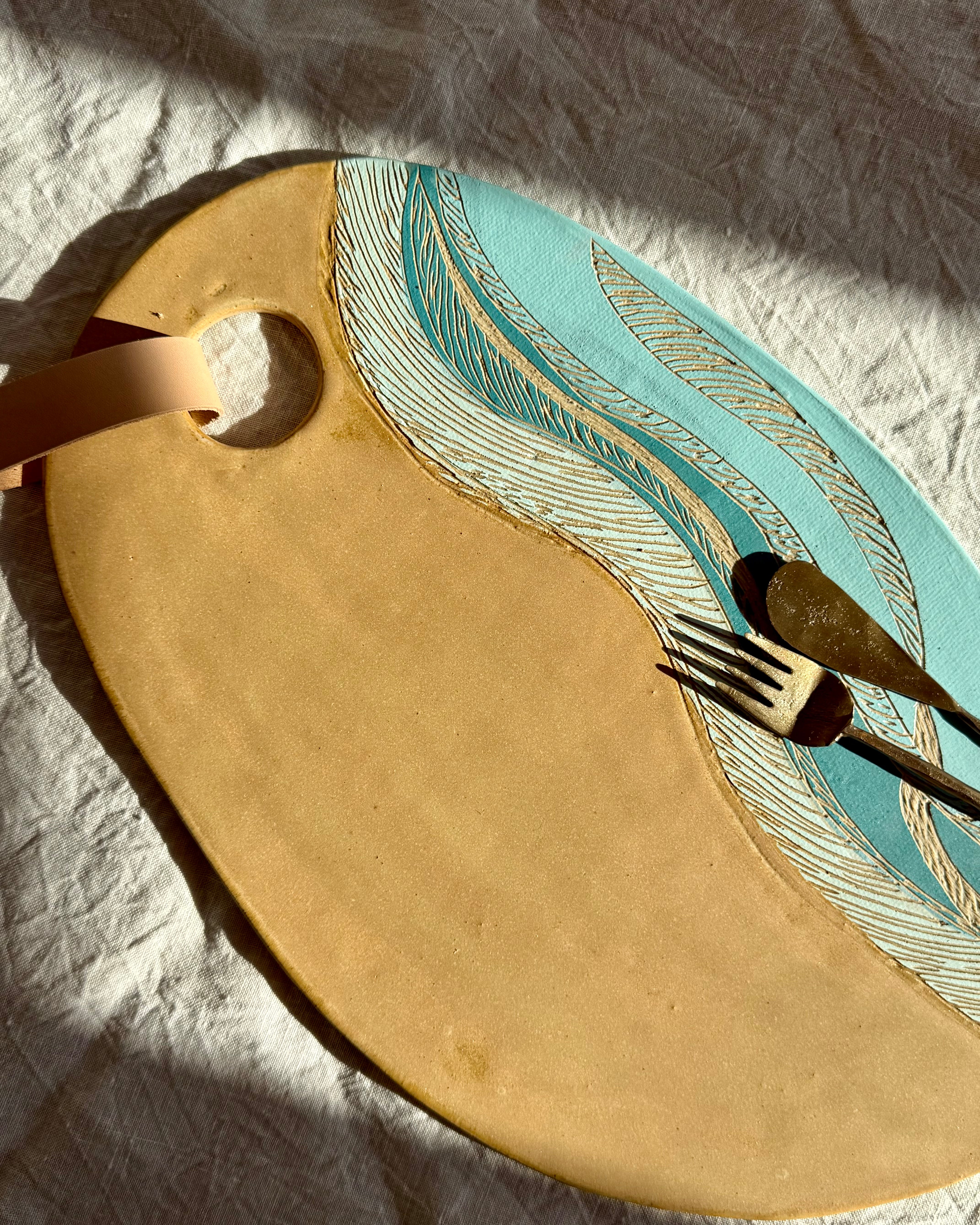 Handmade Ceramic Charcuterie Board + Leather Snap |  Tides | Coastal Pottery