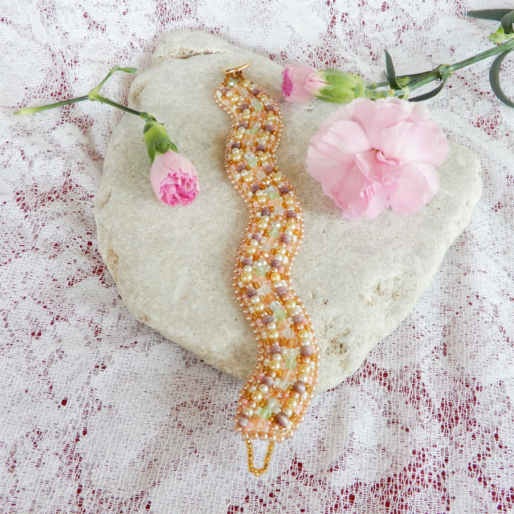 Pink & Gold Bead Embroidered Bracelet