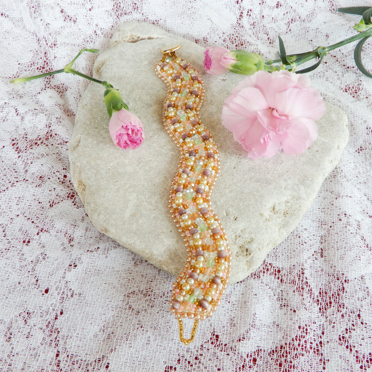 Pink & Gold Bead Embroidered Bracelet