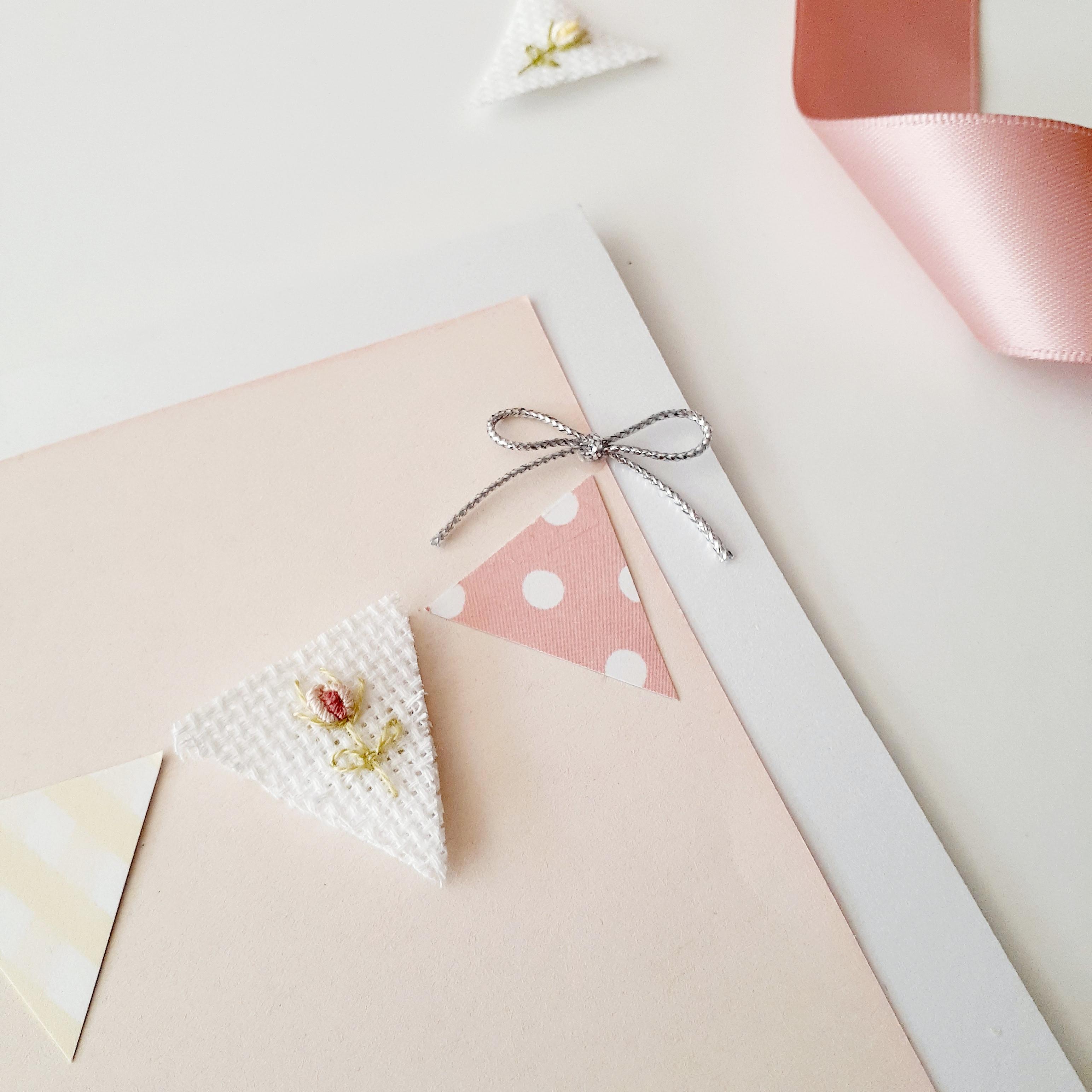 Baby Card, Hand‑Embroidered Baby Girl, Pink Bunting Newborn Greeting, Handmade Keepsake Card, “A Precious Little Girl” Gift Card
