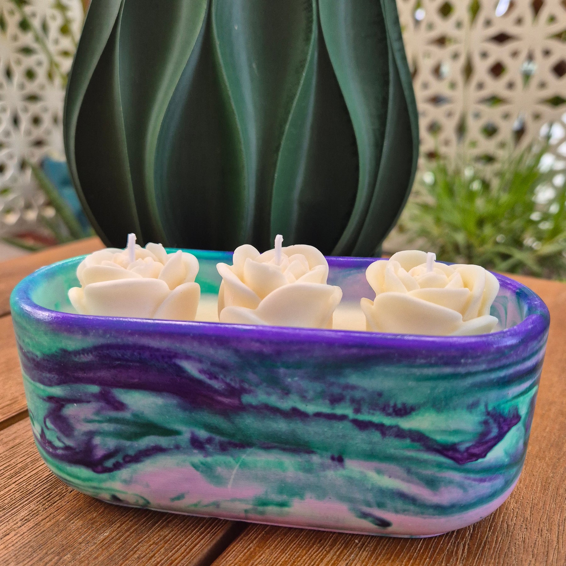 Green and purple concrete bowl candle with gardenia and roses