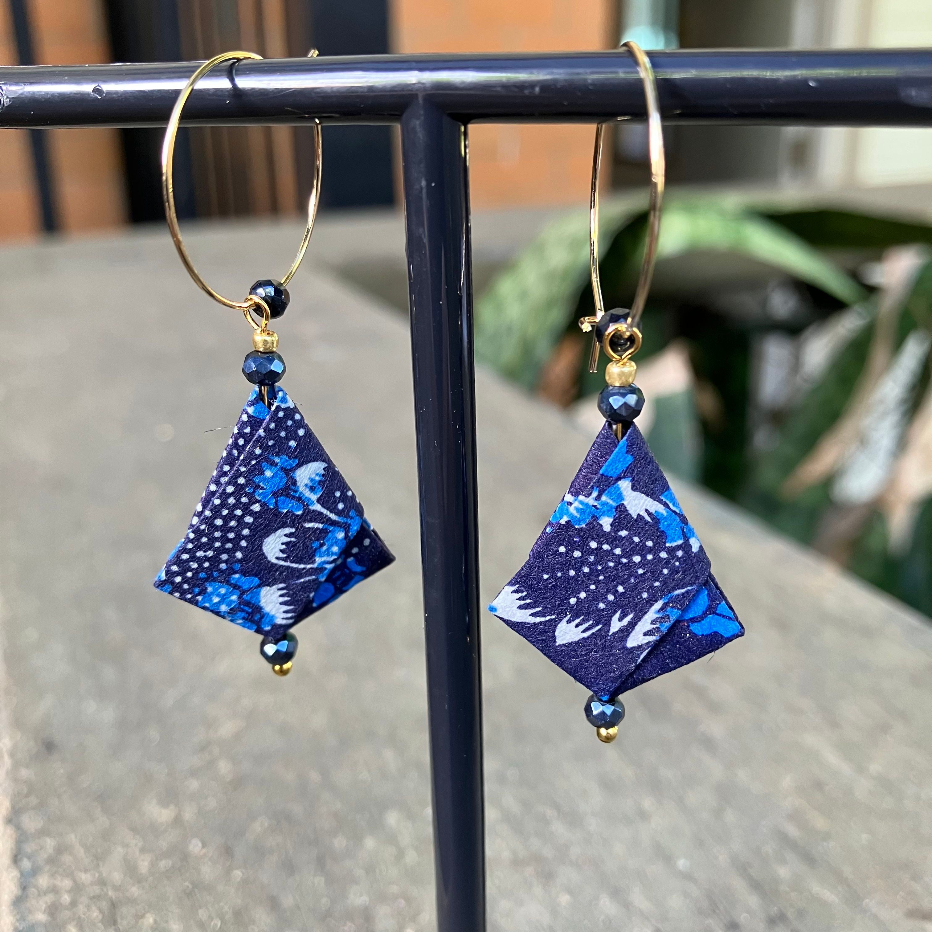 Blue Floral Origami Earrings – Indigo Japanese Chiyo Paper with Navy Glass Crystal Beads