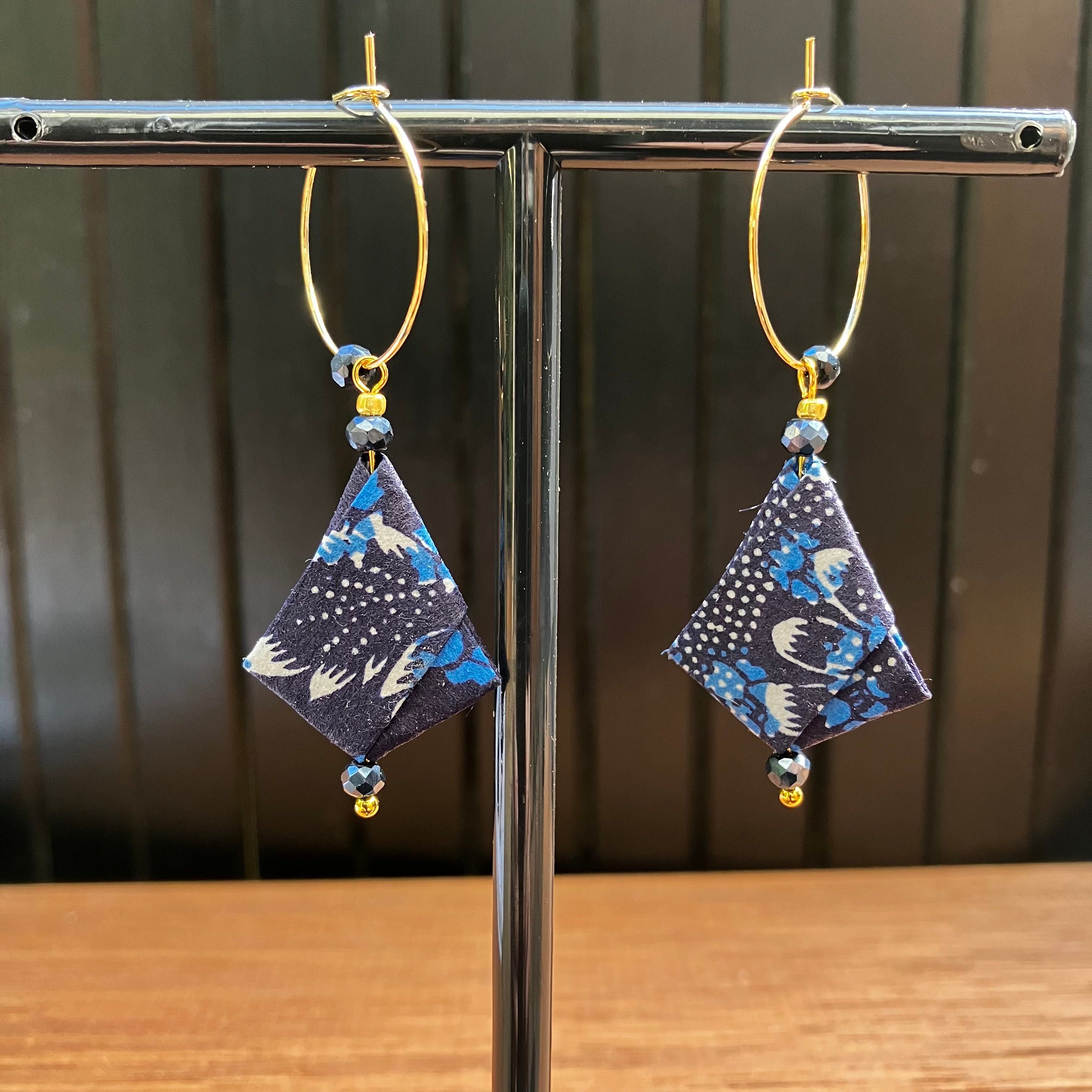 Blue Floral Origami Earrings – Indigo Japanese Chiyo Paper with Navy Glass Crystal Beads