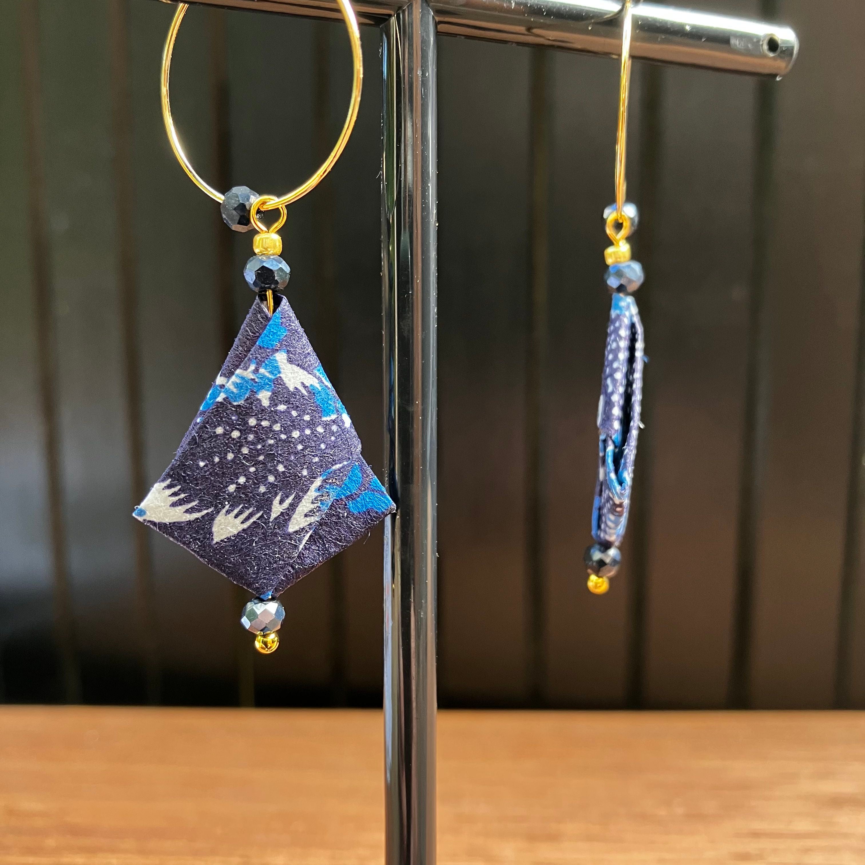 Blue Floral Origami Earrings – Indigo Japanese Chiyo Paper with Navy Glass Crystal Beads