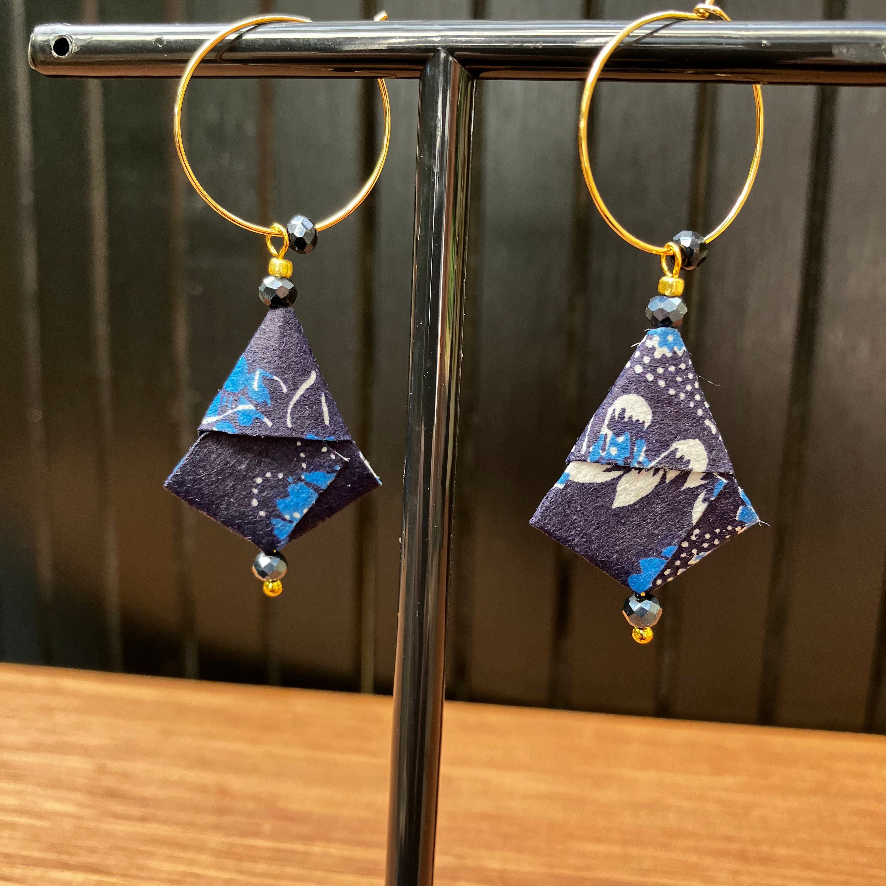 Blue Floral Origami Earrings – Indigo Japanese Chiyo Paper with Navy Glass Crystal Beads