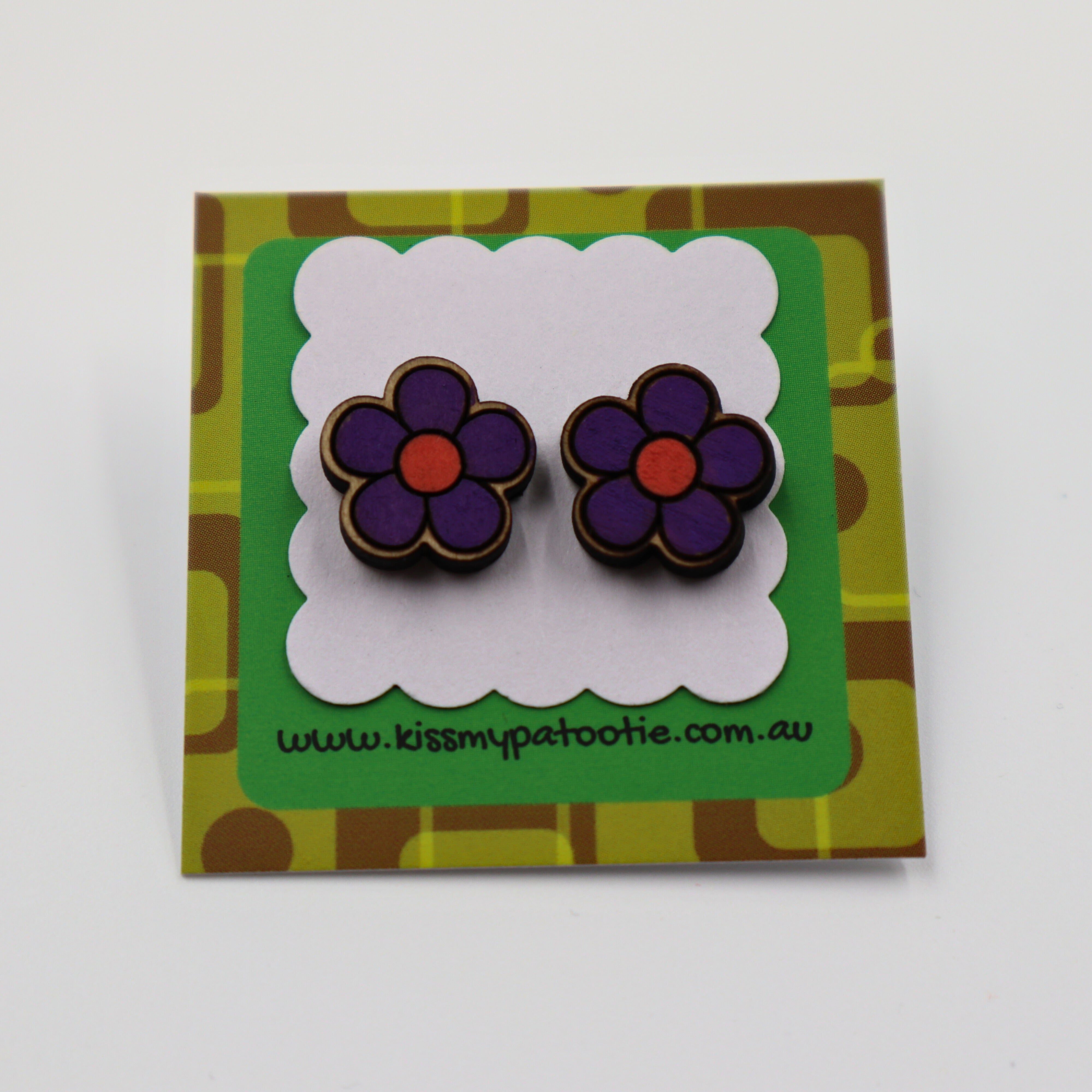 Purple flower wood earrings - hand painted studs