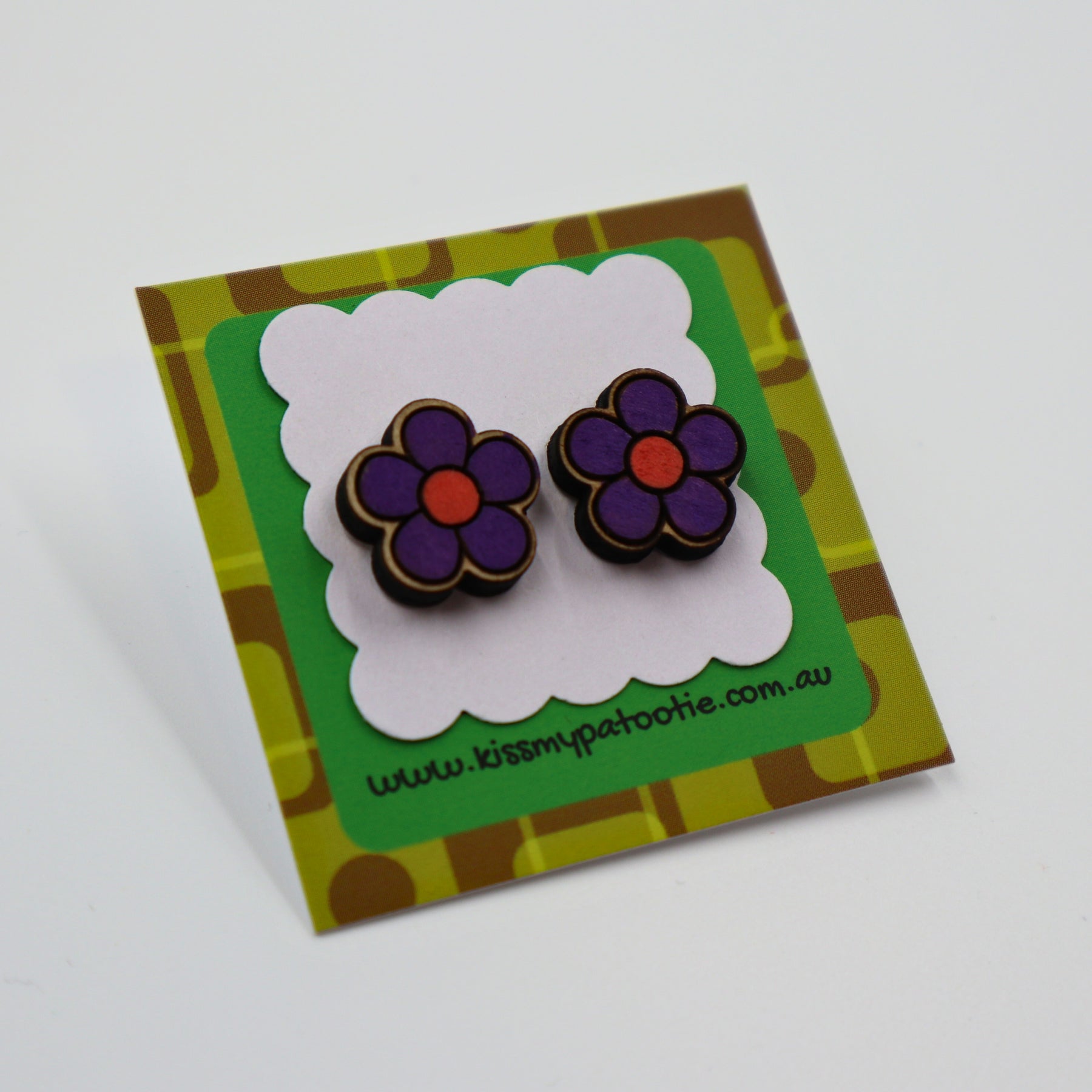 Purple flower wood earrings - hand painted studs