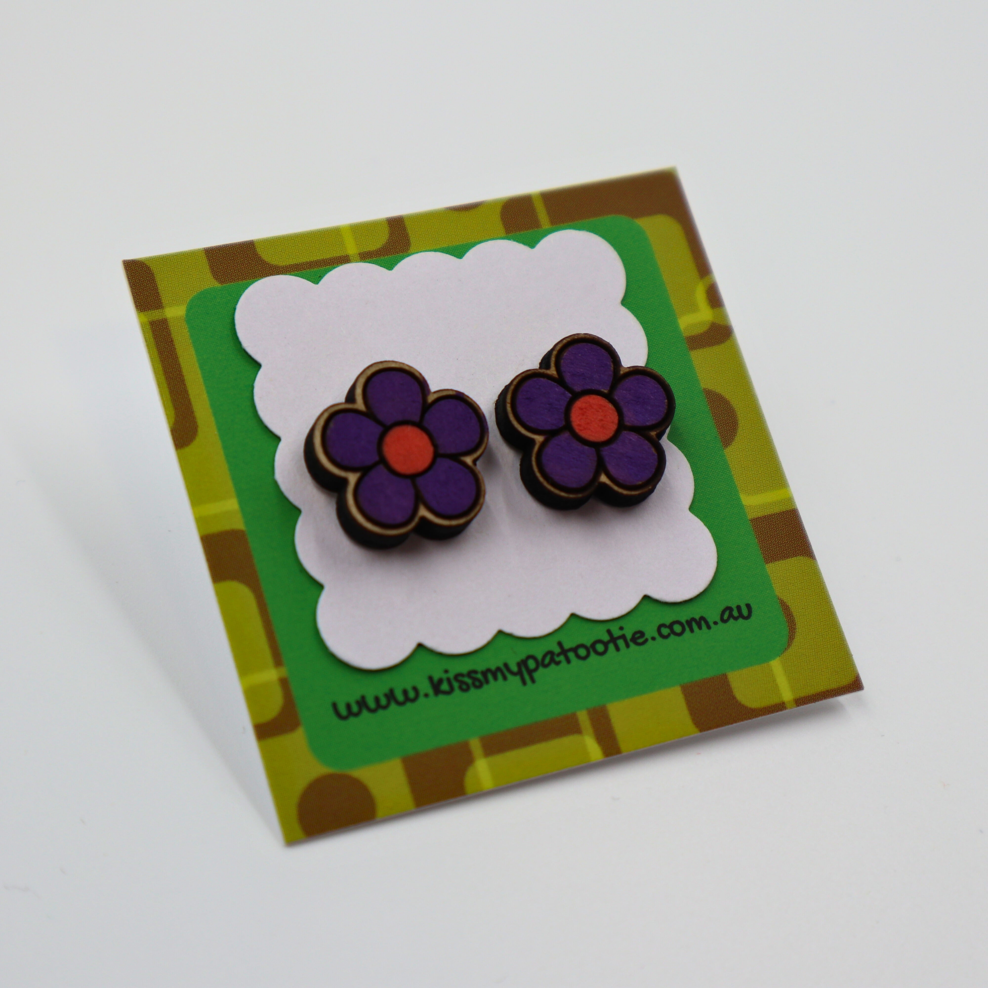 Purple flower wood earrings - hand painted studs