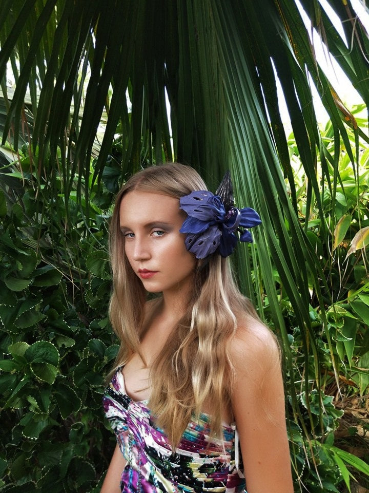Leather Orchid Night Beauty , Flower Brooch, hair hat clip
