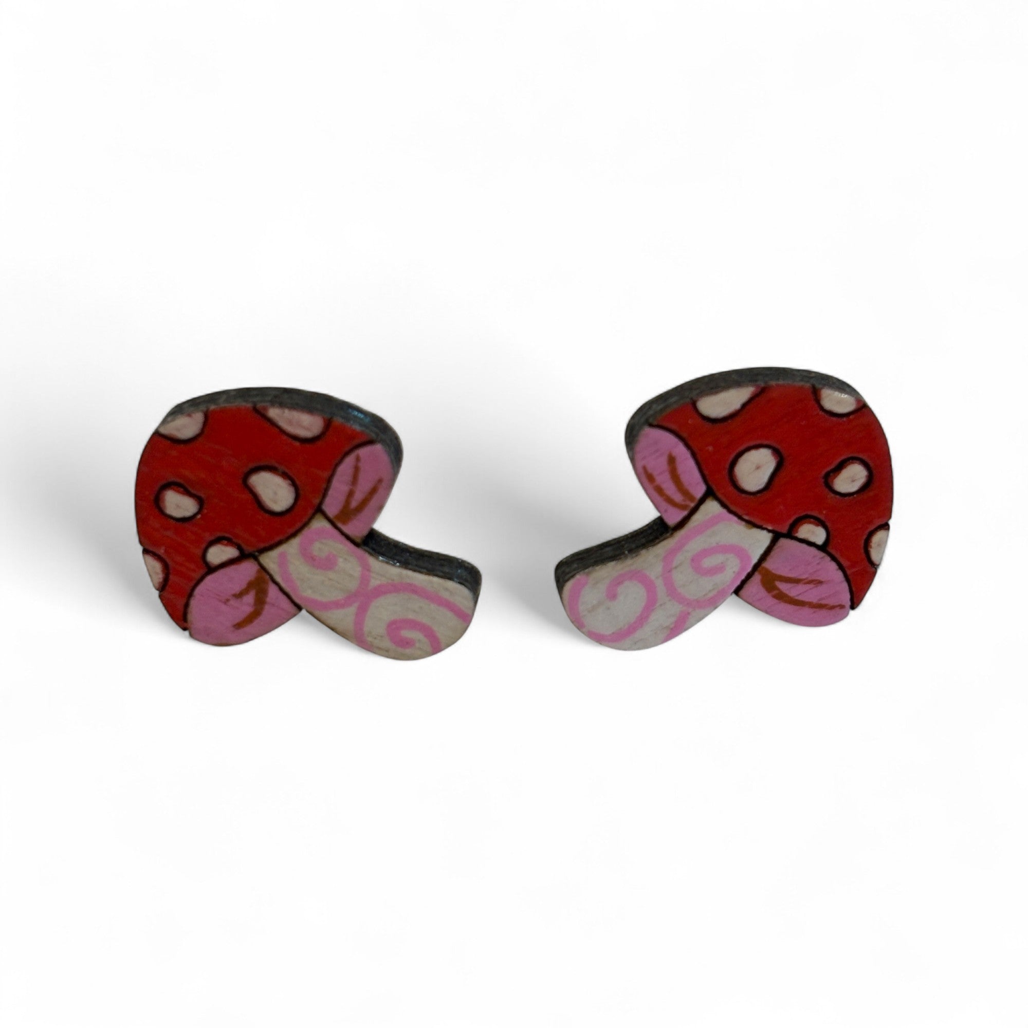 Mushroom studs - hand painted, wooden earrings