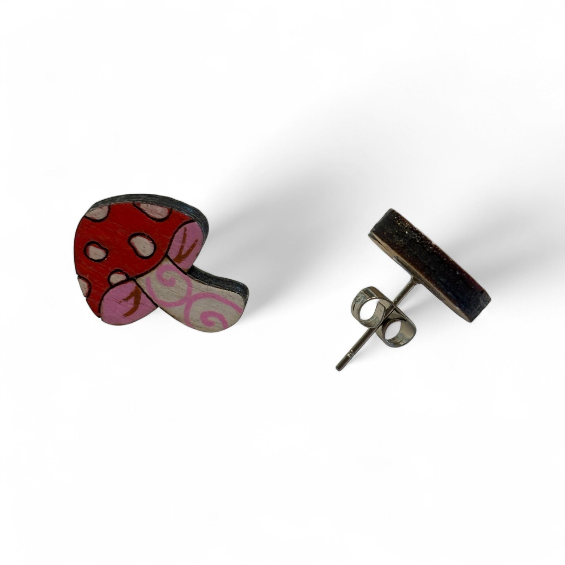Mushroom studs - hand painted, wooden earrings