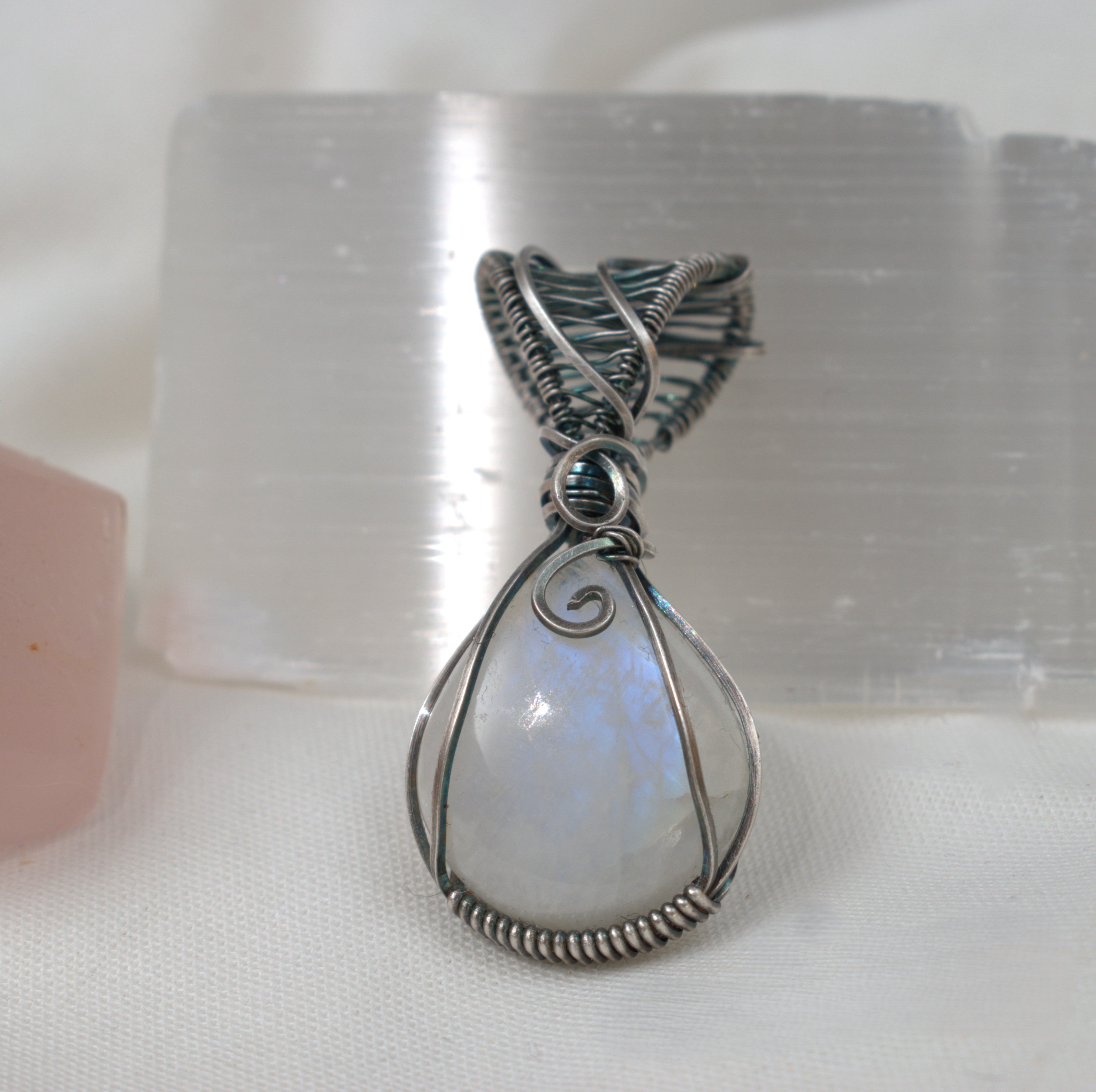 Moon Shadow – Rainbow Moonstone Pendant in Antiqued Silver