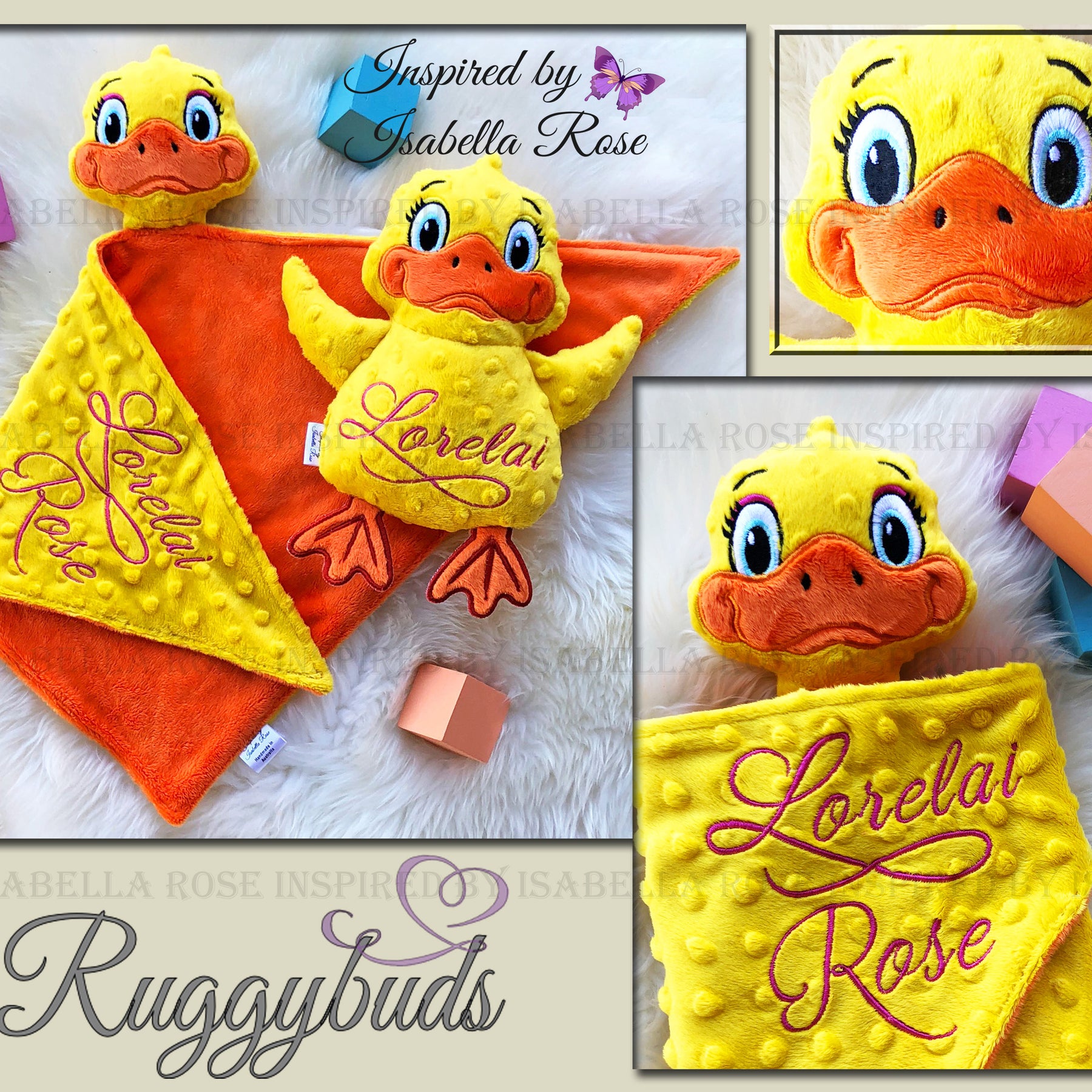 Baby comforter, Embroidered name, Duck themed Ruggybud, Made to order