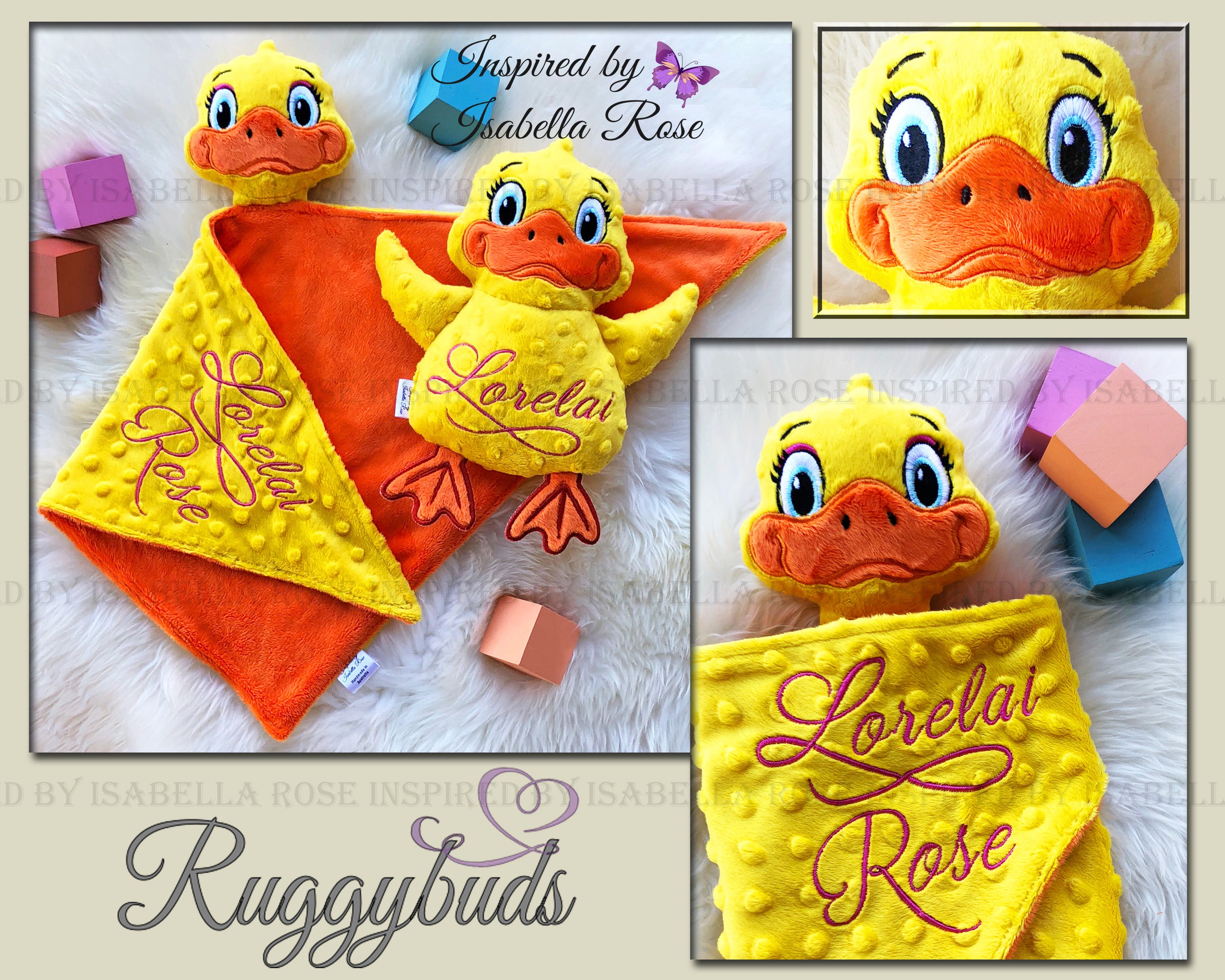 Baby comforter, Embroidered name, Duck themed Ruggybud, Made to order