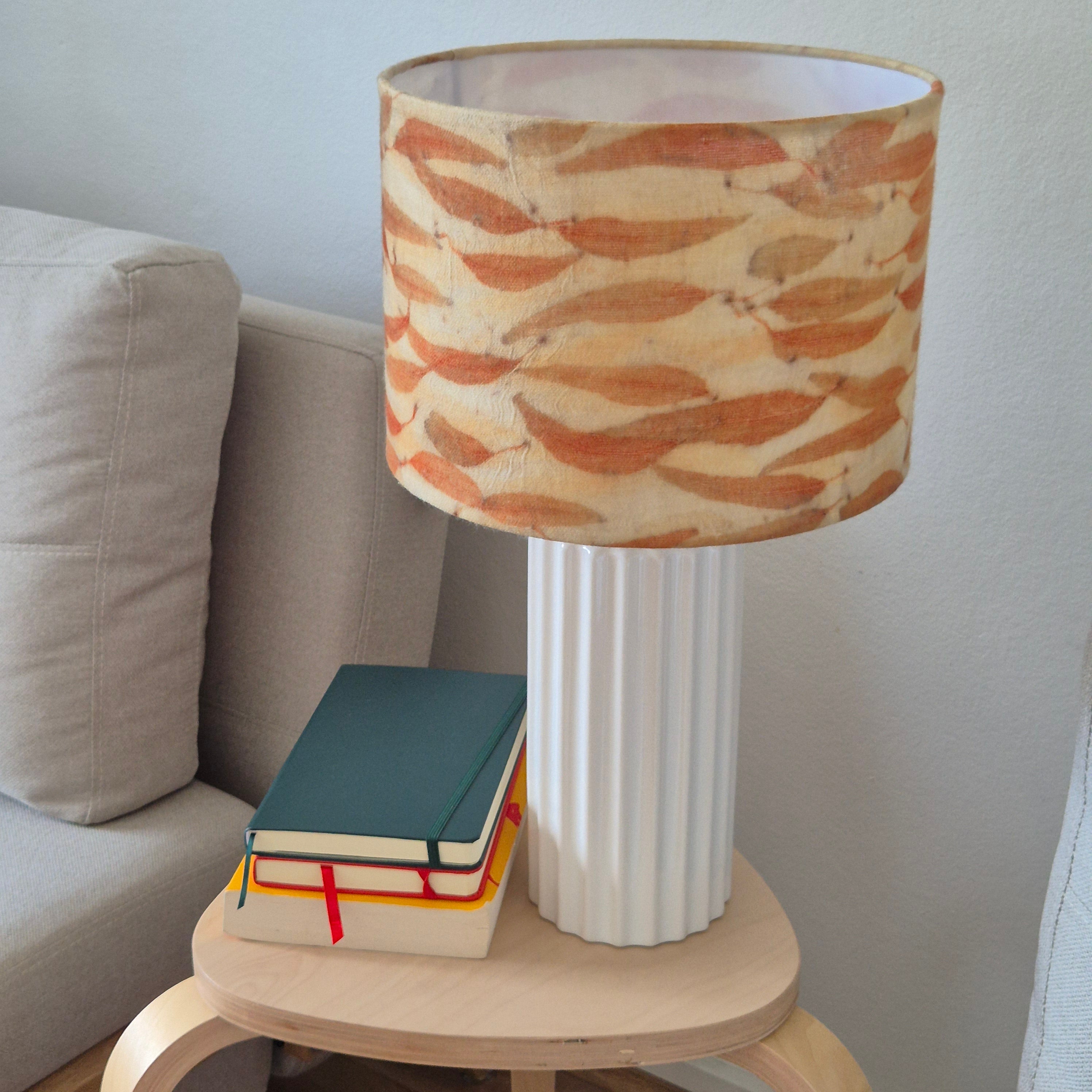 Lampshade ecoprinted horizontal eucalyptus leaves