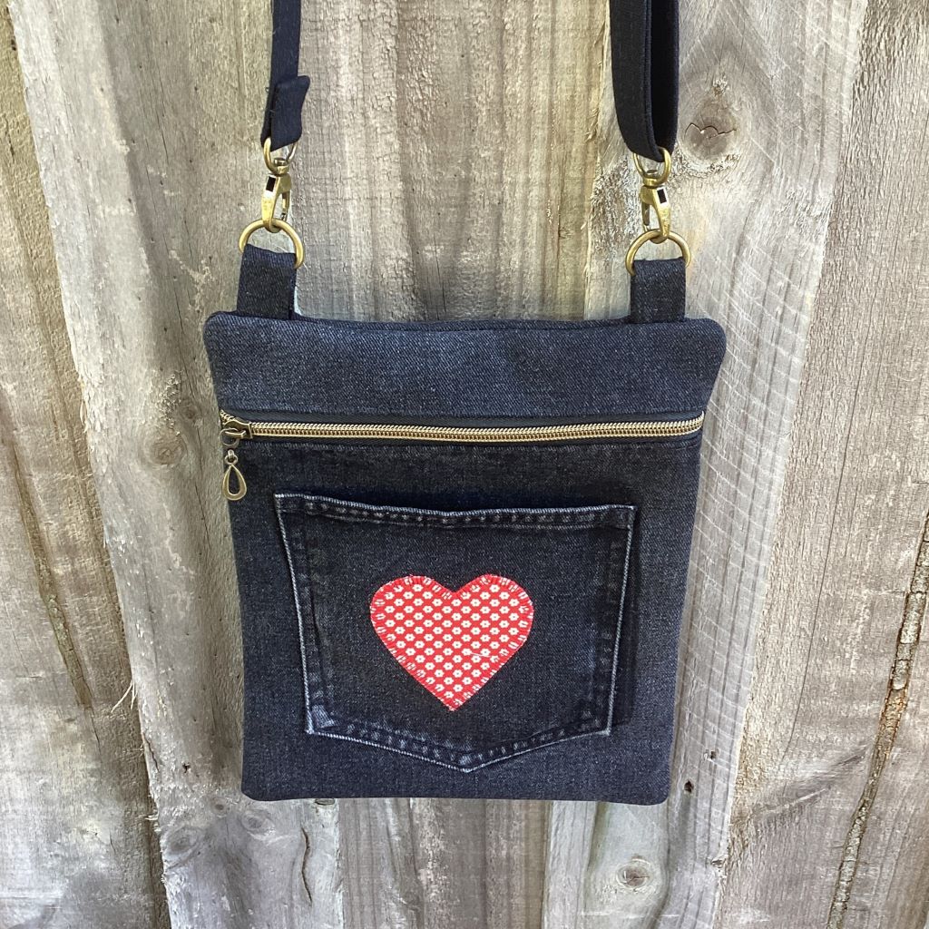 Black Upcycled Denim Cross Body Bag – Red Heart