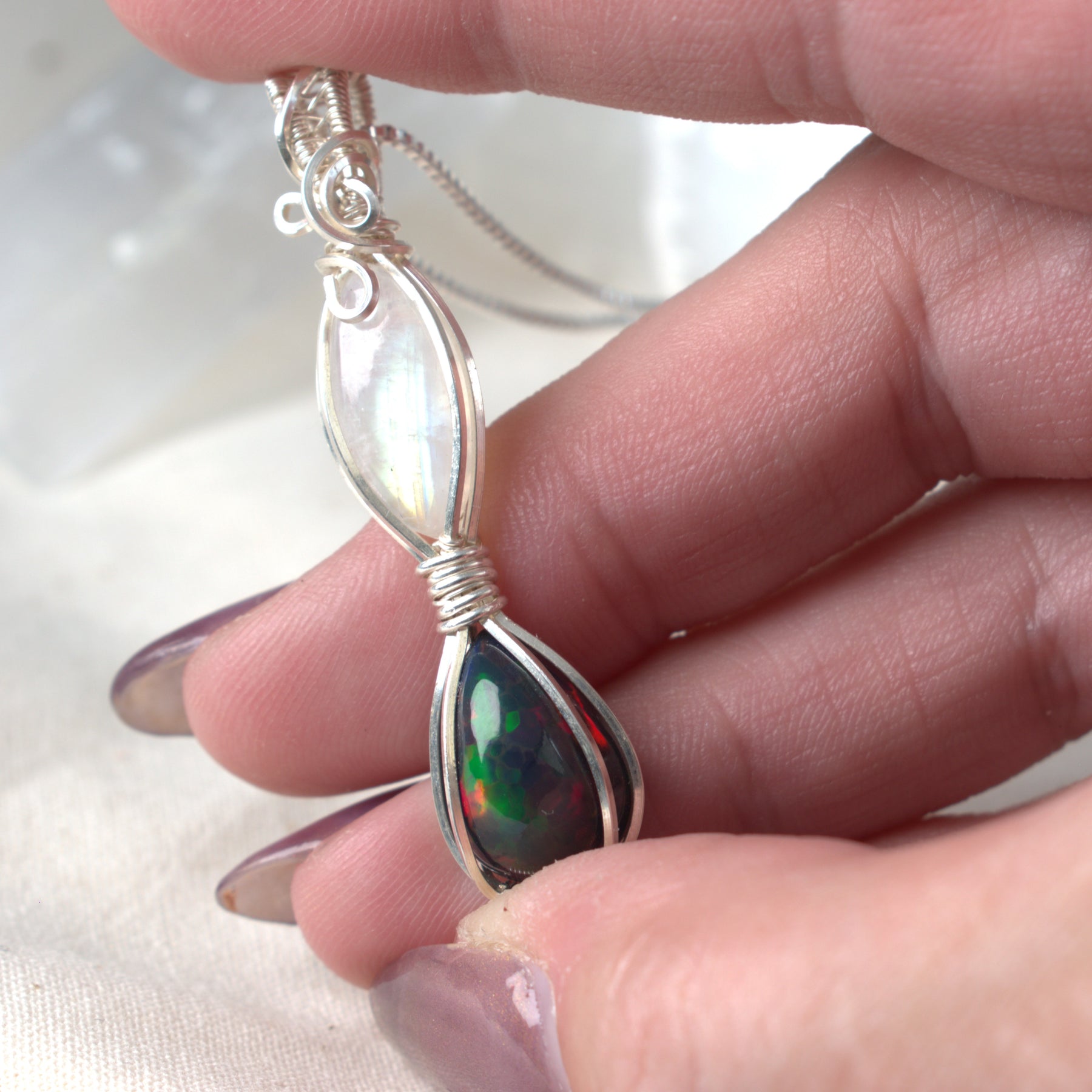Moon Fire - Black Opal & Moonstone Wire Wrapped Pendant