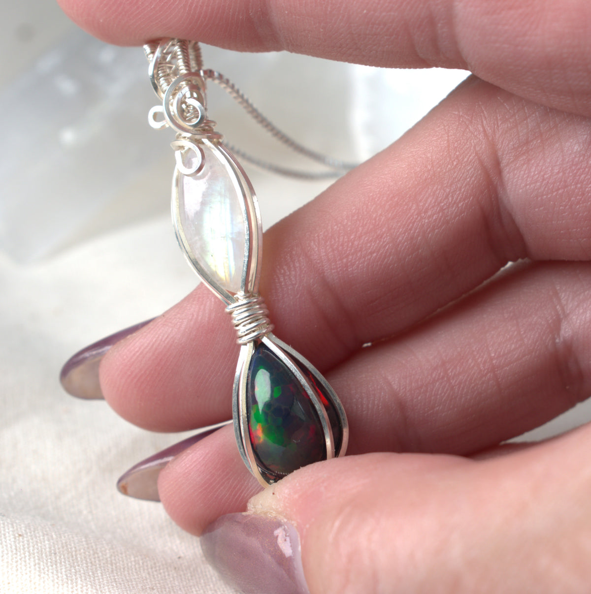 Moon Fire - Black Opal & Moonstone Wire Wrapped Pendant