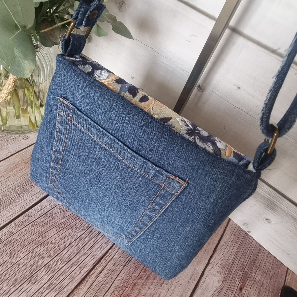 Upcycled small messenger bag - denim & sari border
