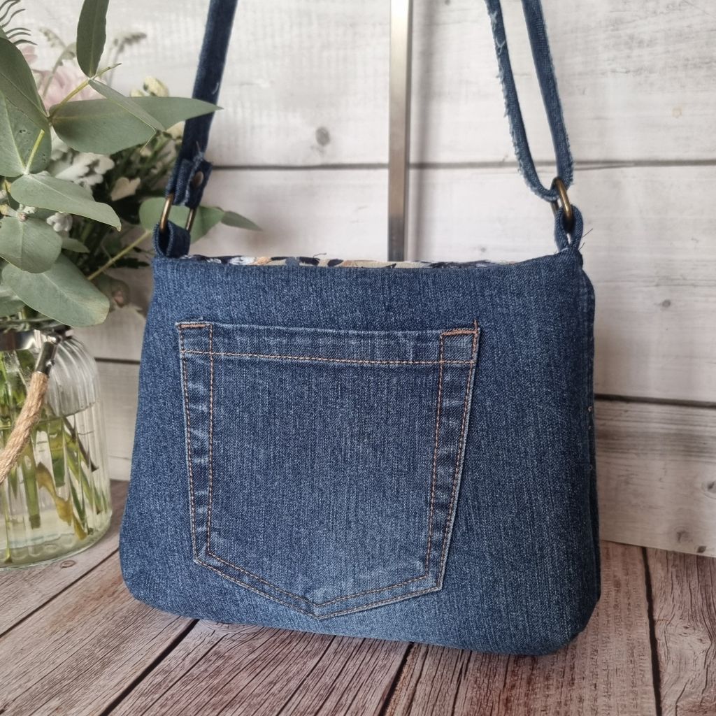 Upcycled small messenger bag - denim & sari border