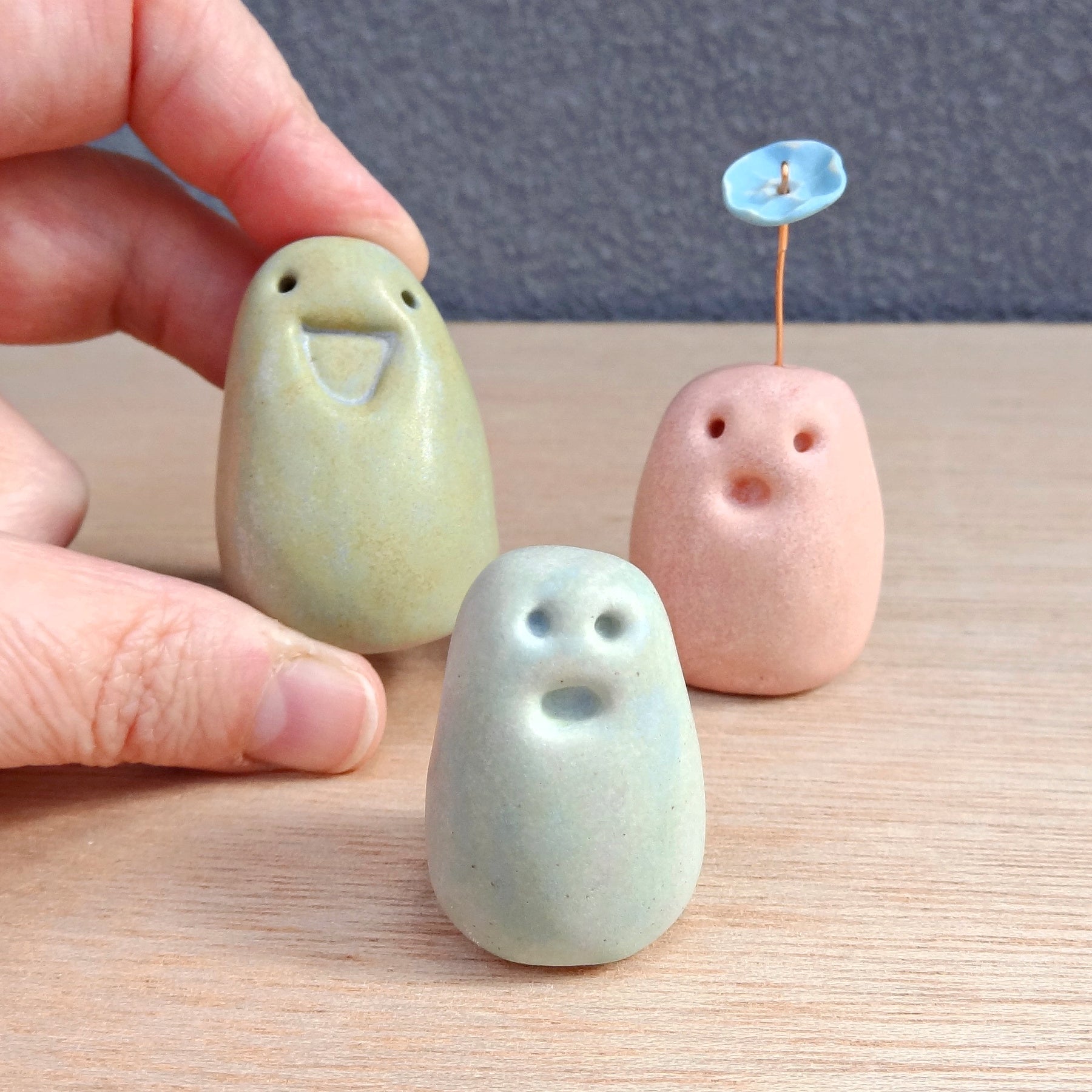 Set of 3 miniature ceramic pebble pets. Collectable tiny ceramic pottery stone friends. Handmade Whimsical Shelf or desk decor