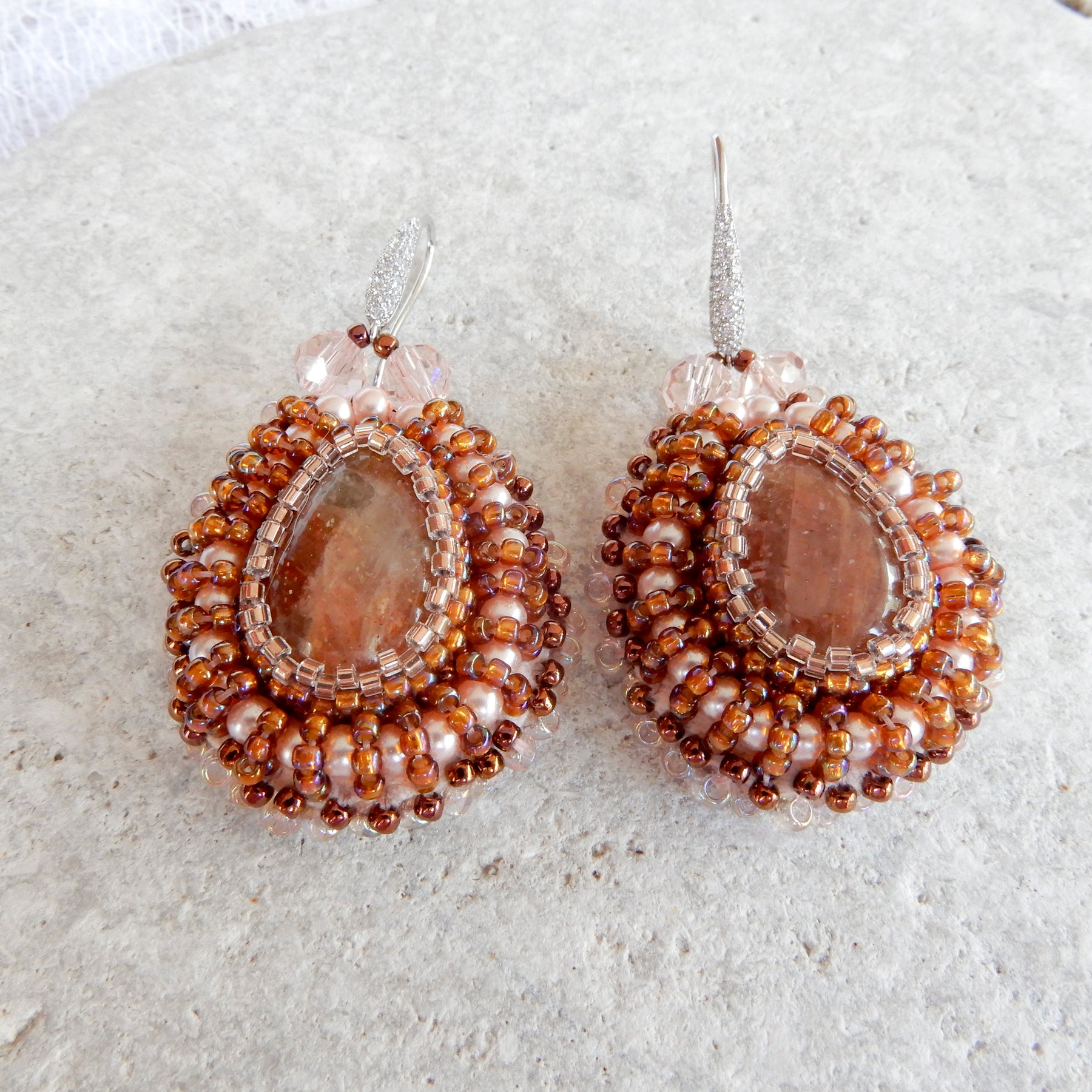 Bead Embroidered Goldstone & Crystal Earrings