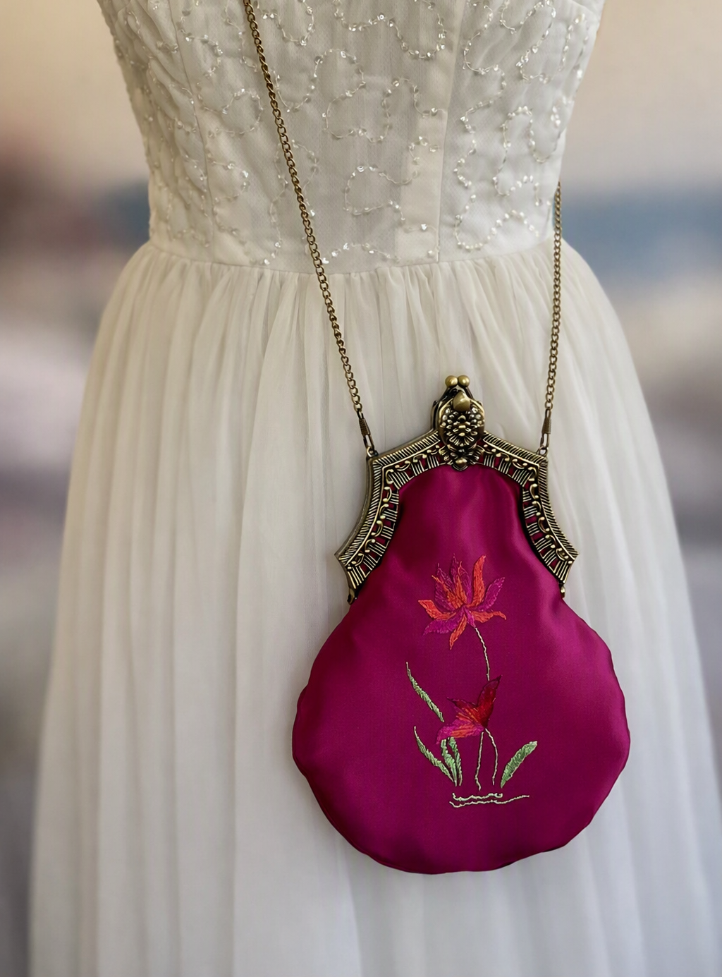 Reclaimed Plum Satin Handbag with Brass Clasp and Embroidery