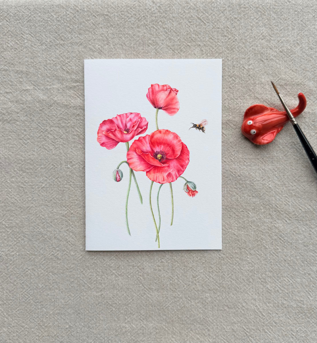 Red Poppy Botanical Art Card - Handmade Watercolor Greeting Card