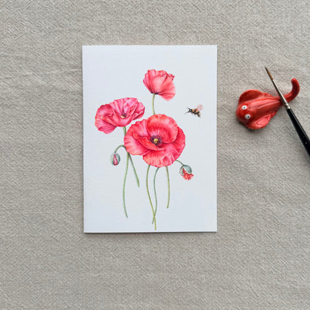 Red Poppy Botanical Art Card - Handmade Watercolor Greeting Card