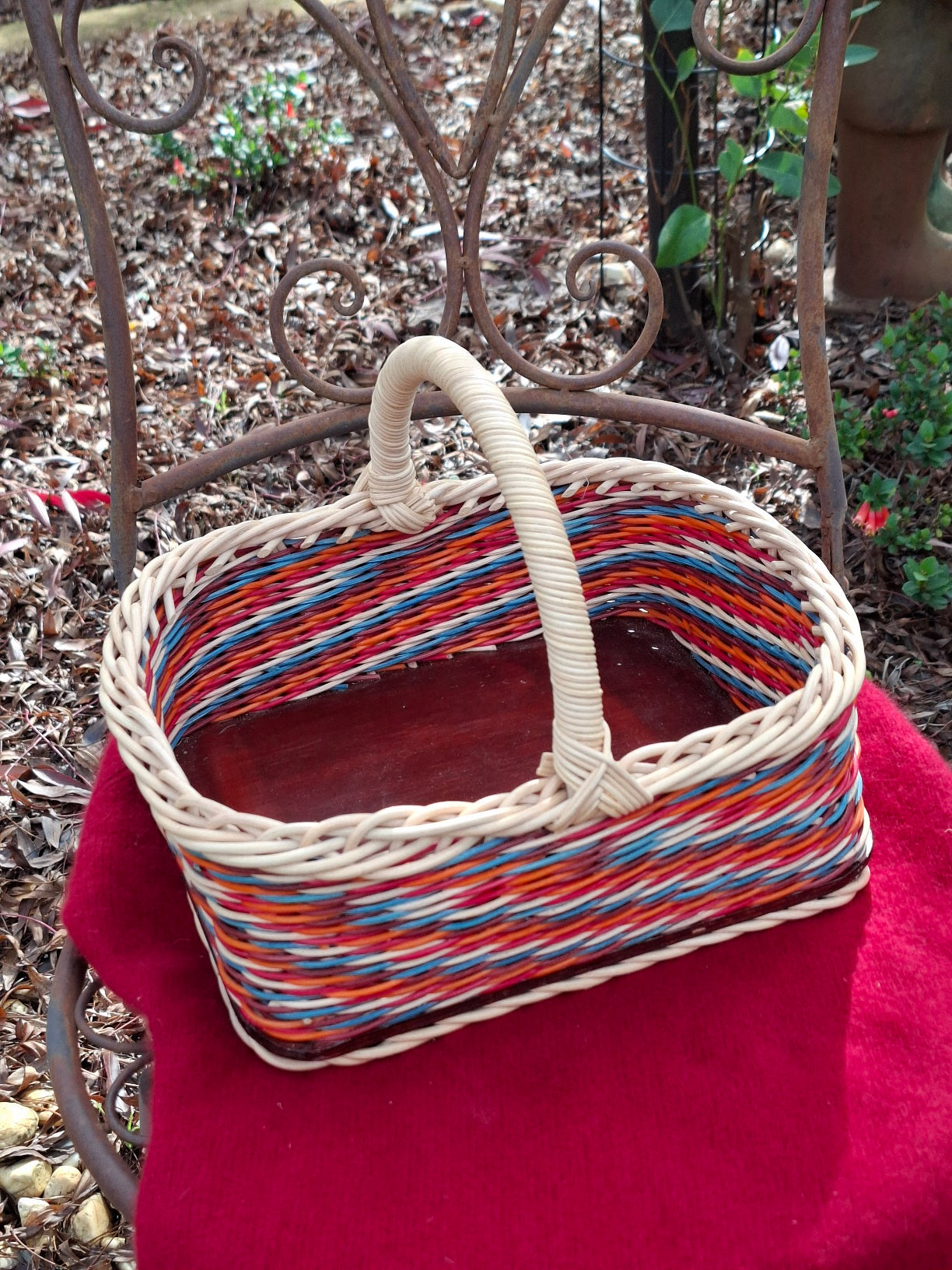 Large Rectangular basket brown, orange, blue and natural wicker.