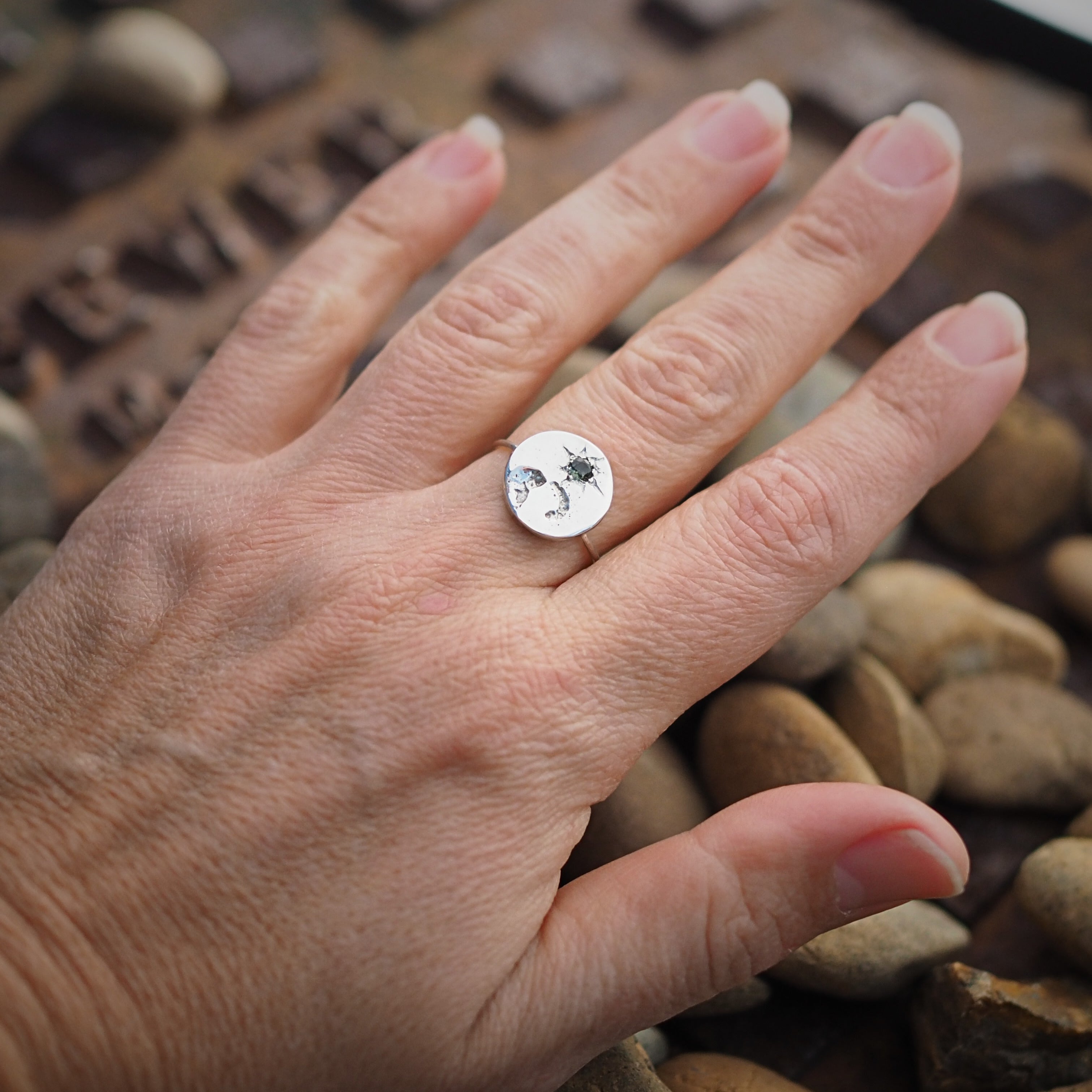 Green Sapphire Sand Cast Ring | Sterling Silver