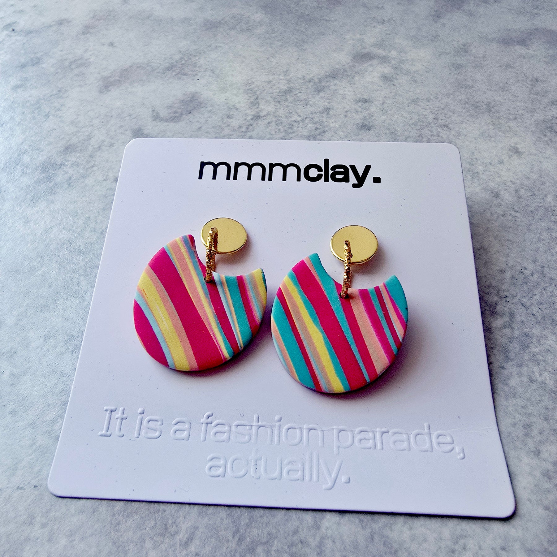 Multicolour Striped Polymer Clay Statement Drop Earrings | 9K Gold Plated