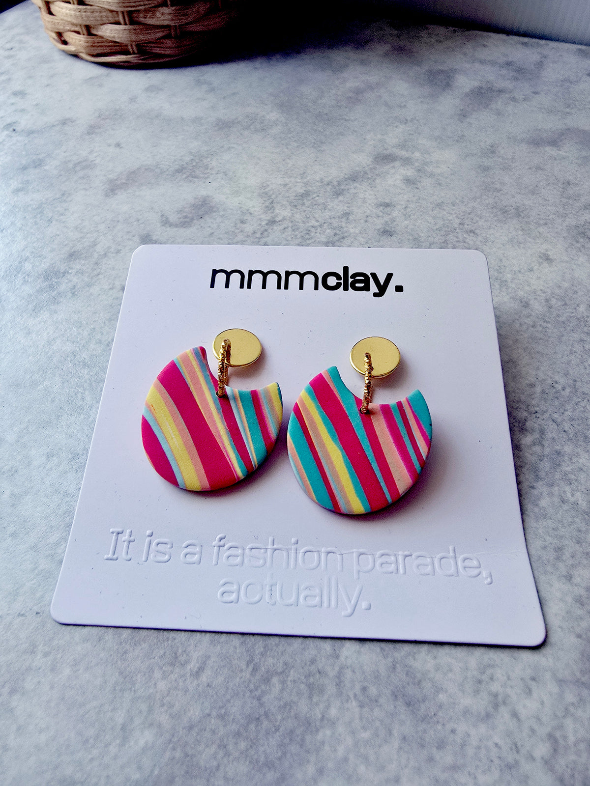 Multicolour Striped Polymer Clay Statement Drop Earrings | 9K Gold Plated