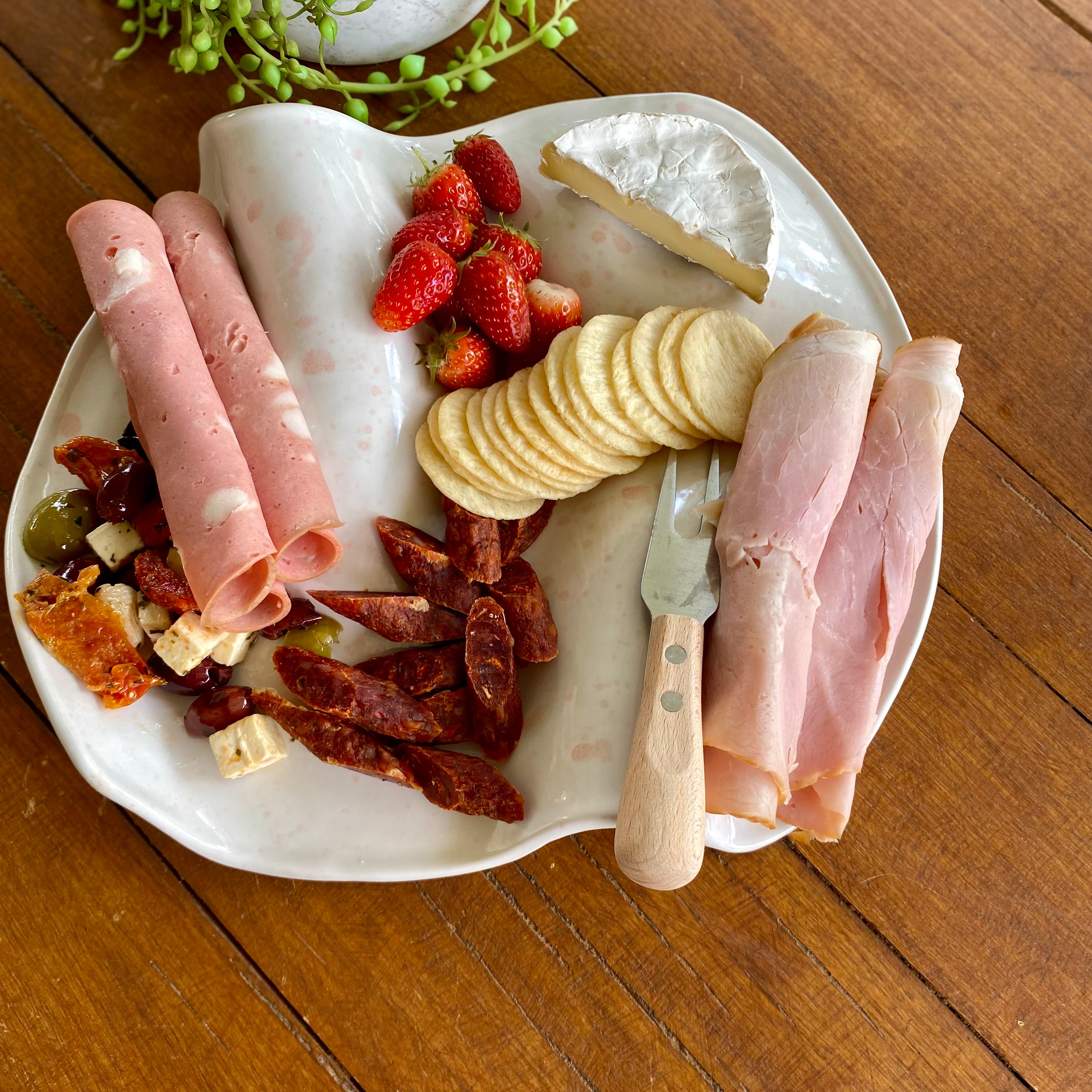 Large Ceramic Curvy Platter in White with Blush Pink Splashes|Handmade Pottery