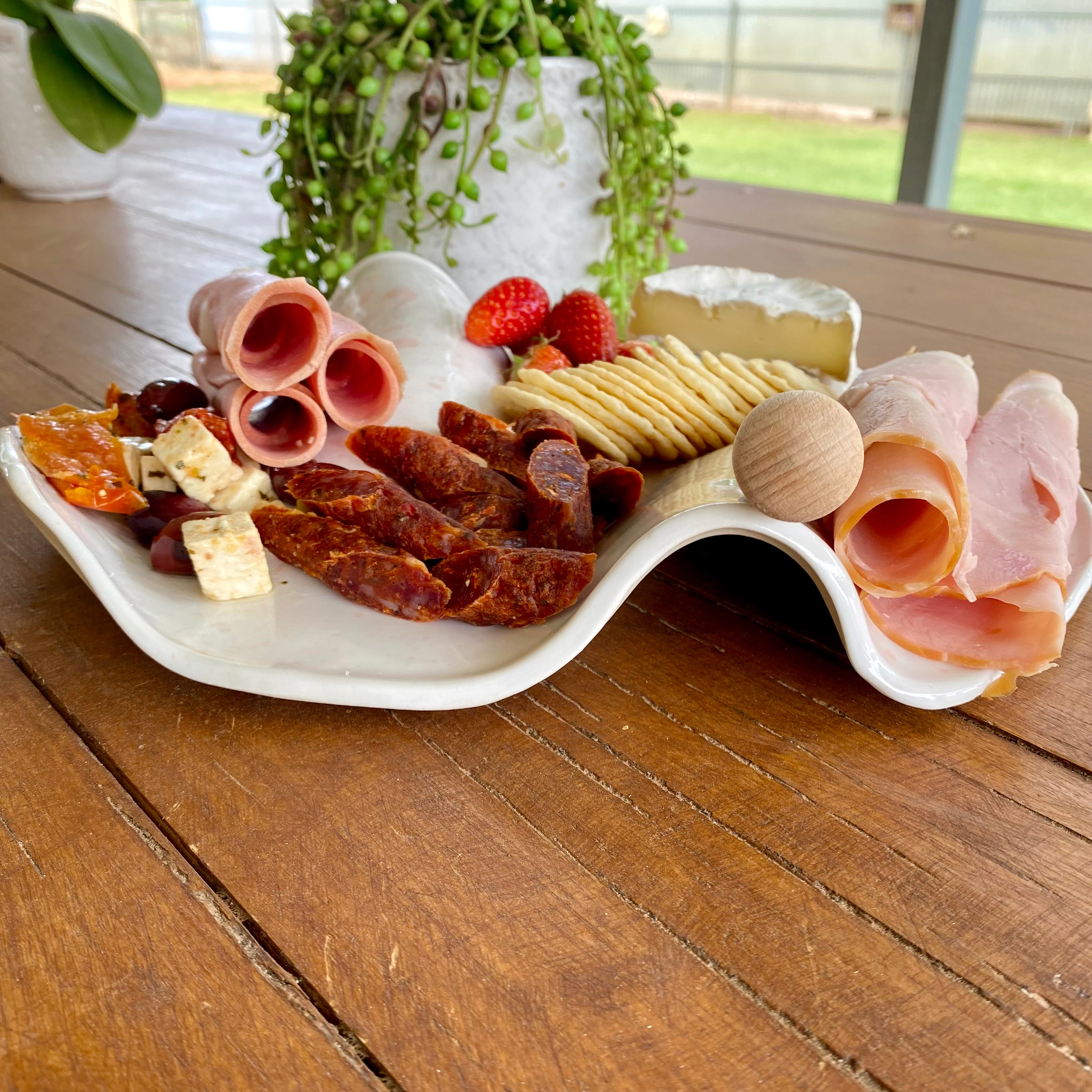 Large Ceramic Curvy Platter in White with Blush Pink Splashes|Handmade Pottery