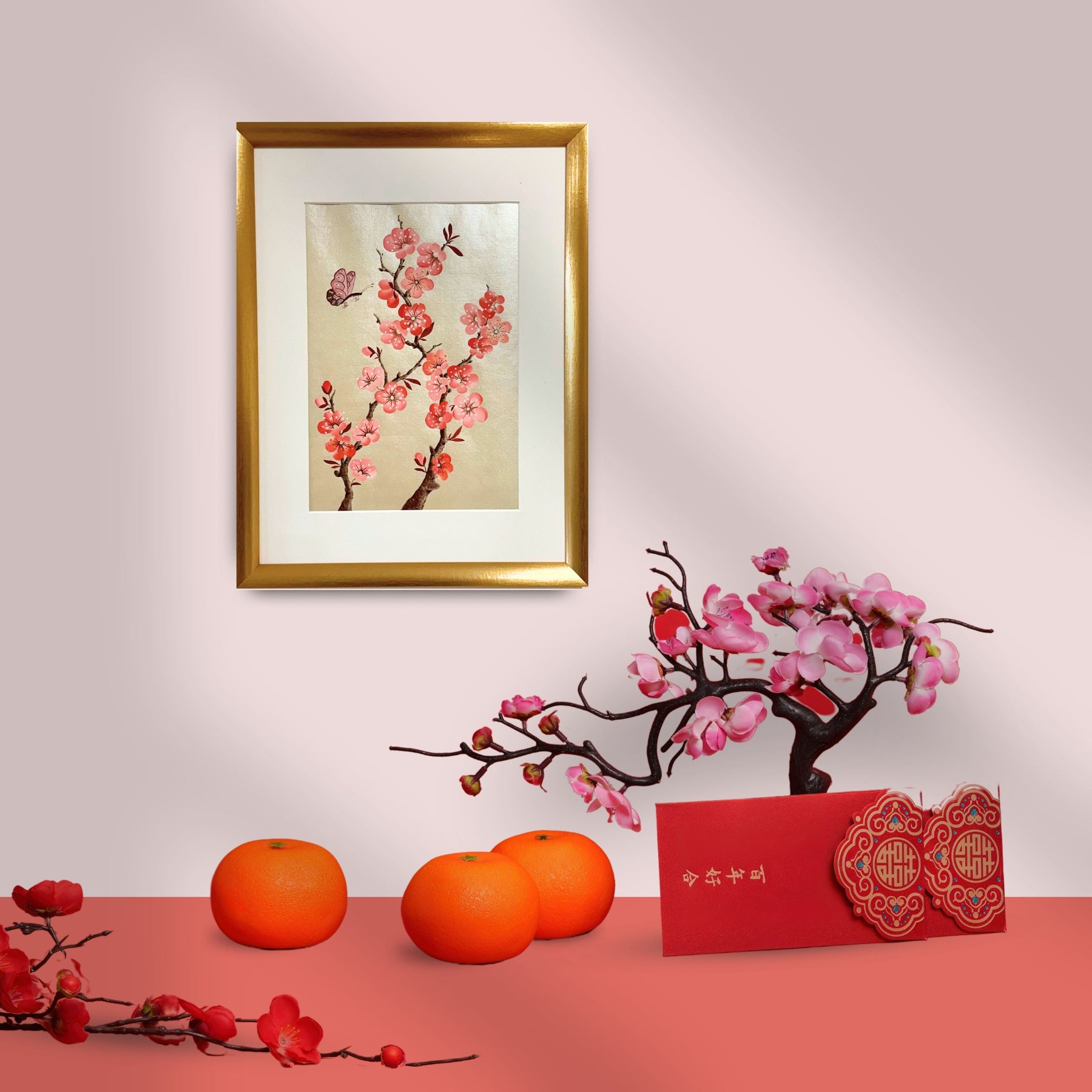 Original Plum Blossom & Butterfly Painting | Chinoiserie Floral Art on Champagne Gold Xuan Paper | Gouache Artwork | Lunar New Year | Gift