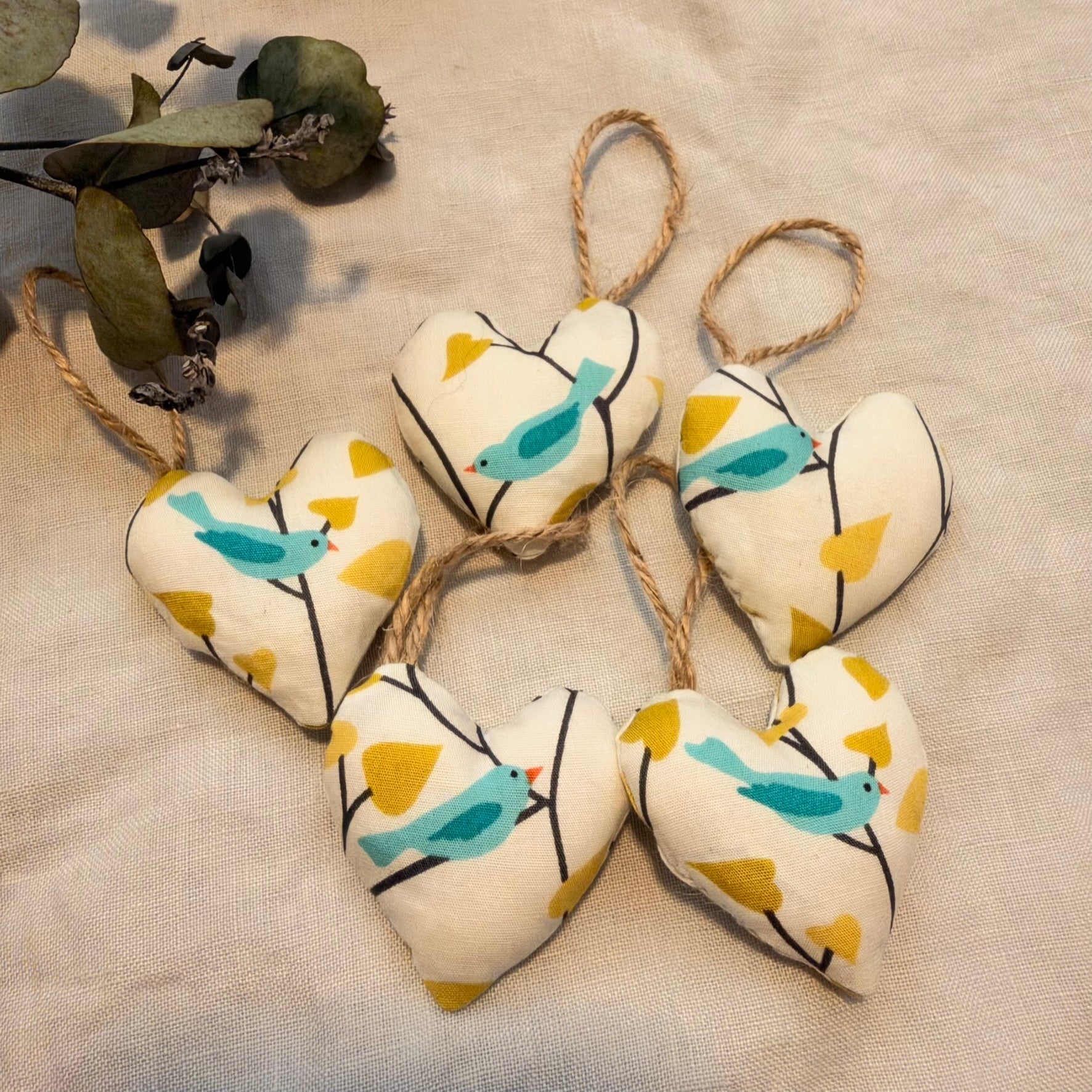 Little blue bird hearts - handmade with wool filling